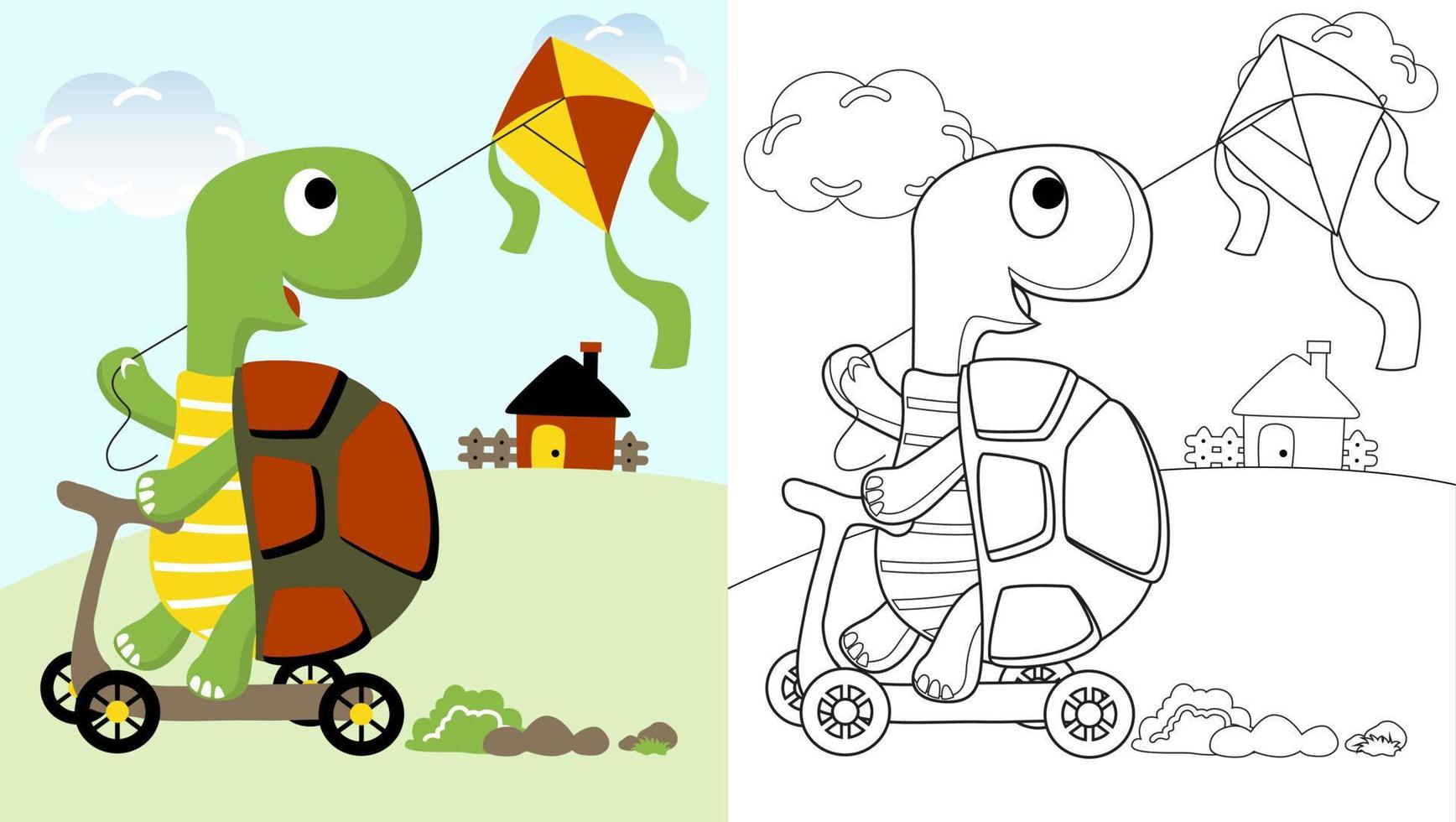 Cute turtle riding scooter while playing kite, vector cartoon, coloring page or book