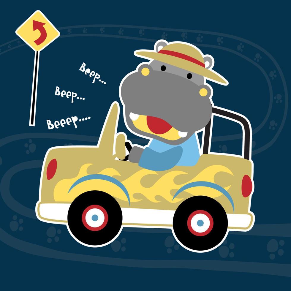 linda hipopótamo conducción coche en el la carretera con la carretera firmar, vector dibujos animados ilustración
