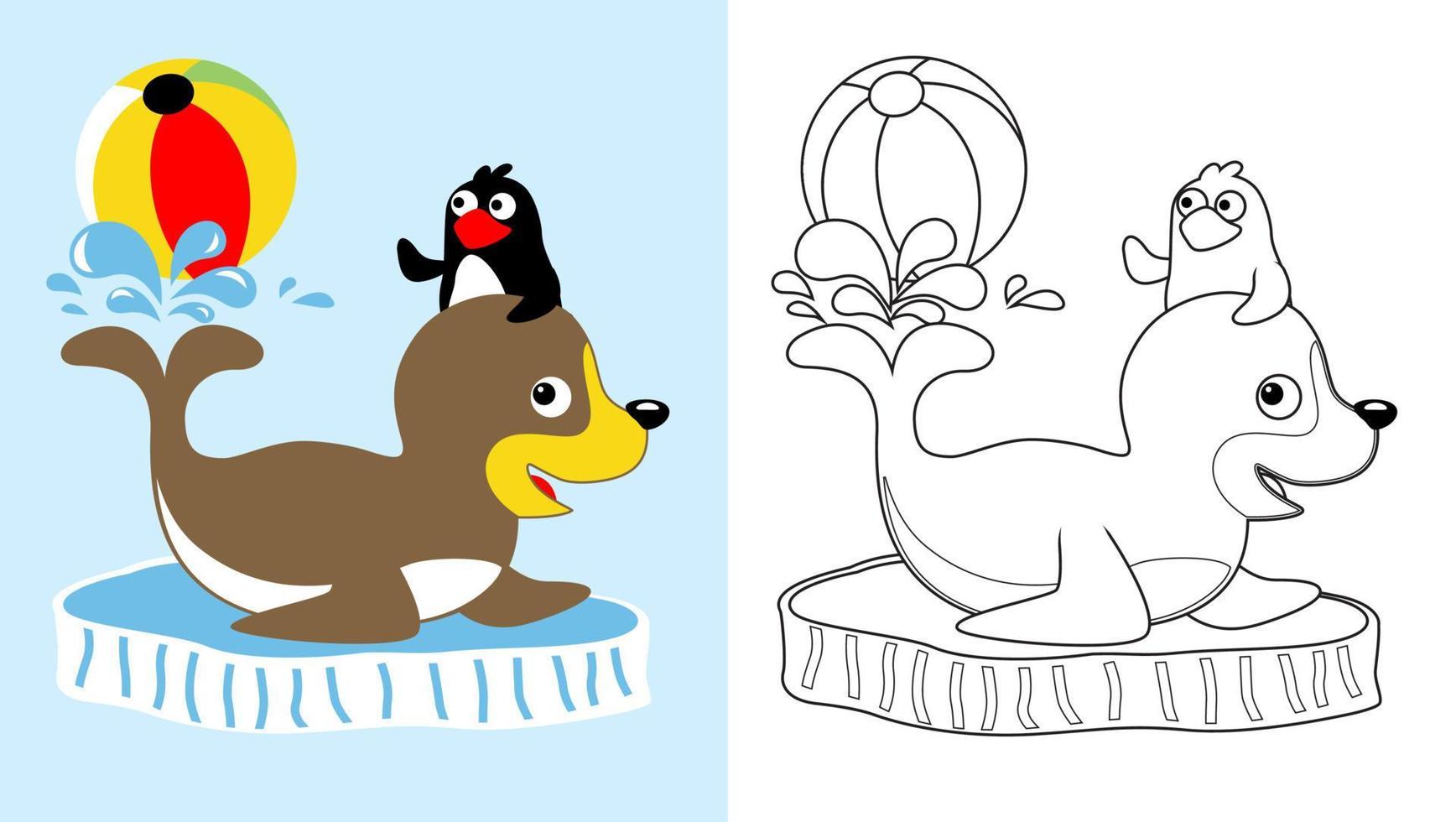 Cute seal with penguin playing ball on ice chunk, vector cartoon, coloring page or book