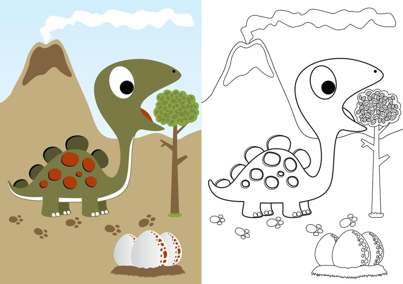 Cute dinosaur with it eggs on volcano background, vector cartoon, coloring page or book