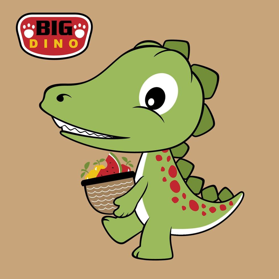 vector cartoon of cute dinosaur brings fruits with basket