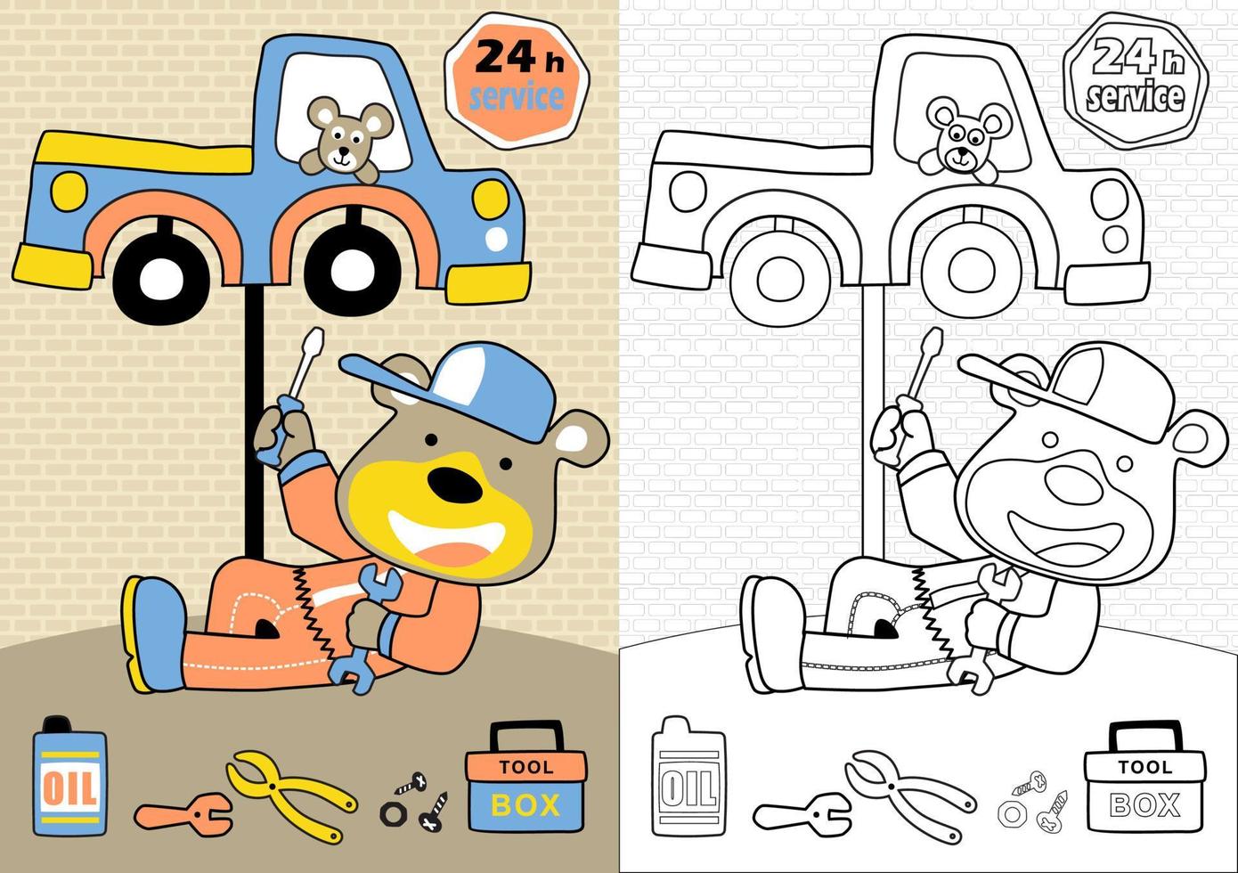 Cute bear fixing the car, mice on car, vector cartoon, coloring page or book