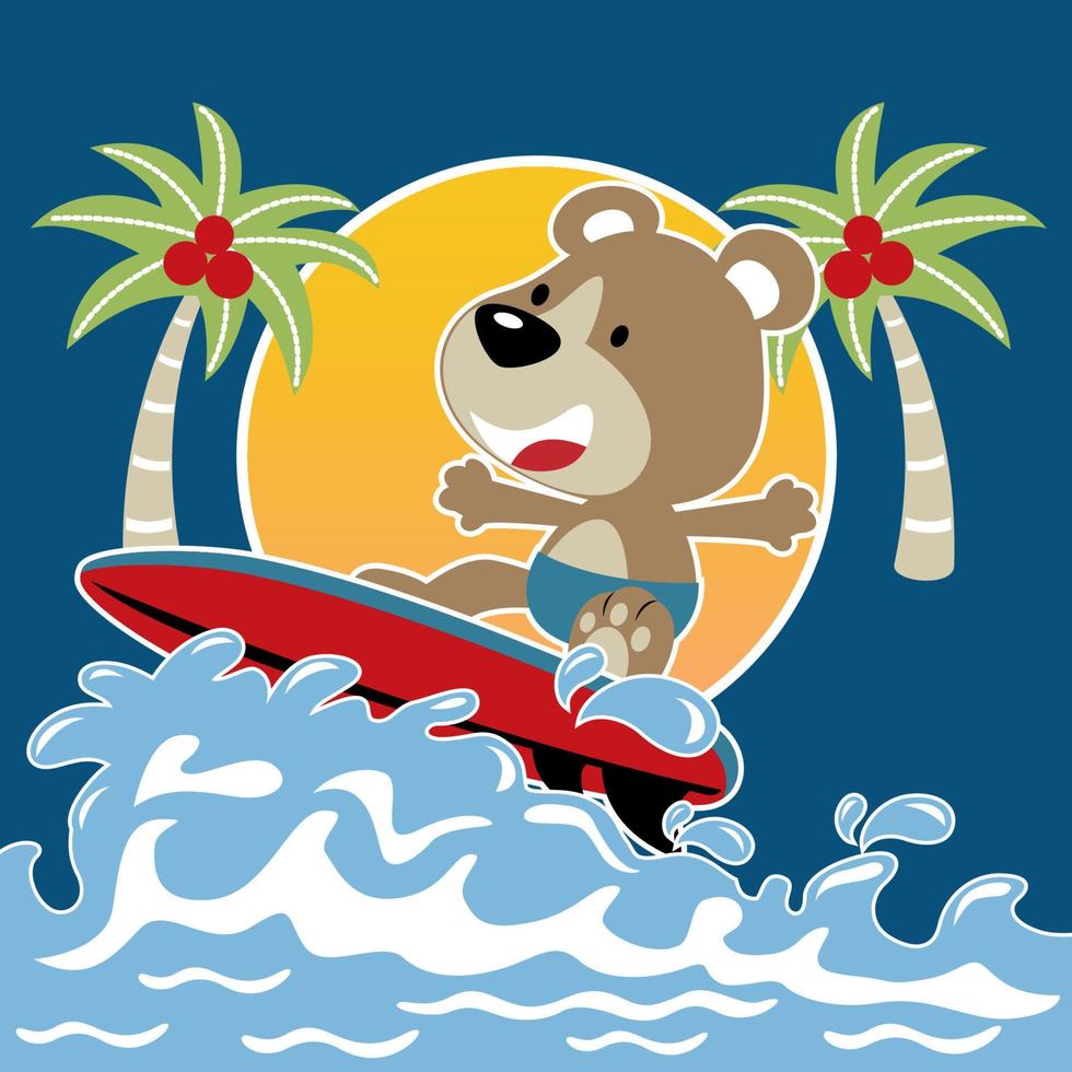 Funny bear surfing on palm tree background, vector cartoon illustration