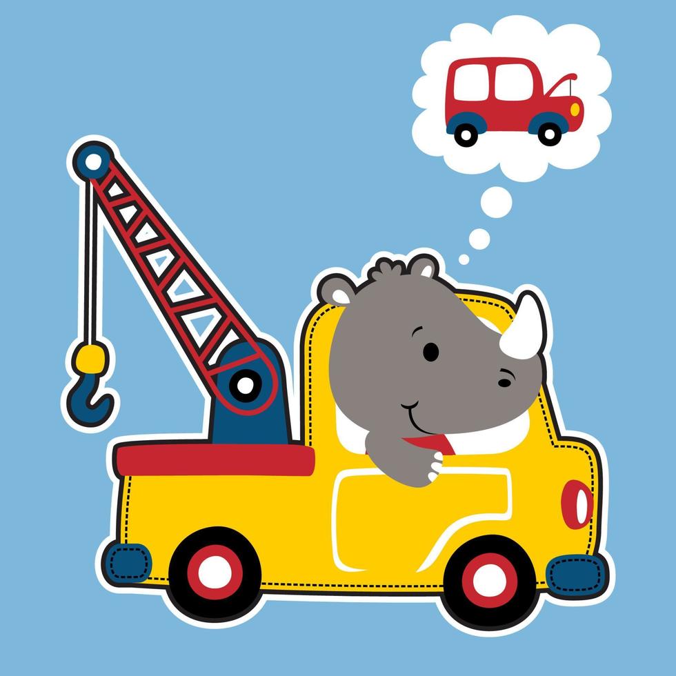 Cute rhino driving tow truck with broken car, vector cartoon illustration