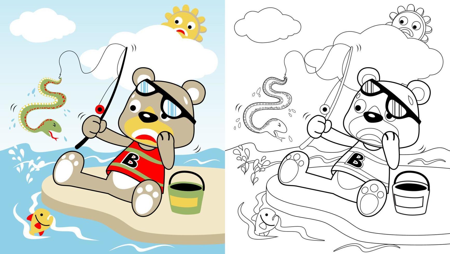 vector cartoon of cute bear fishing gets snake, coloring page or book