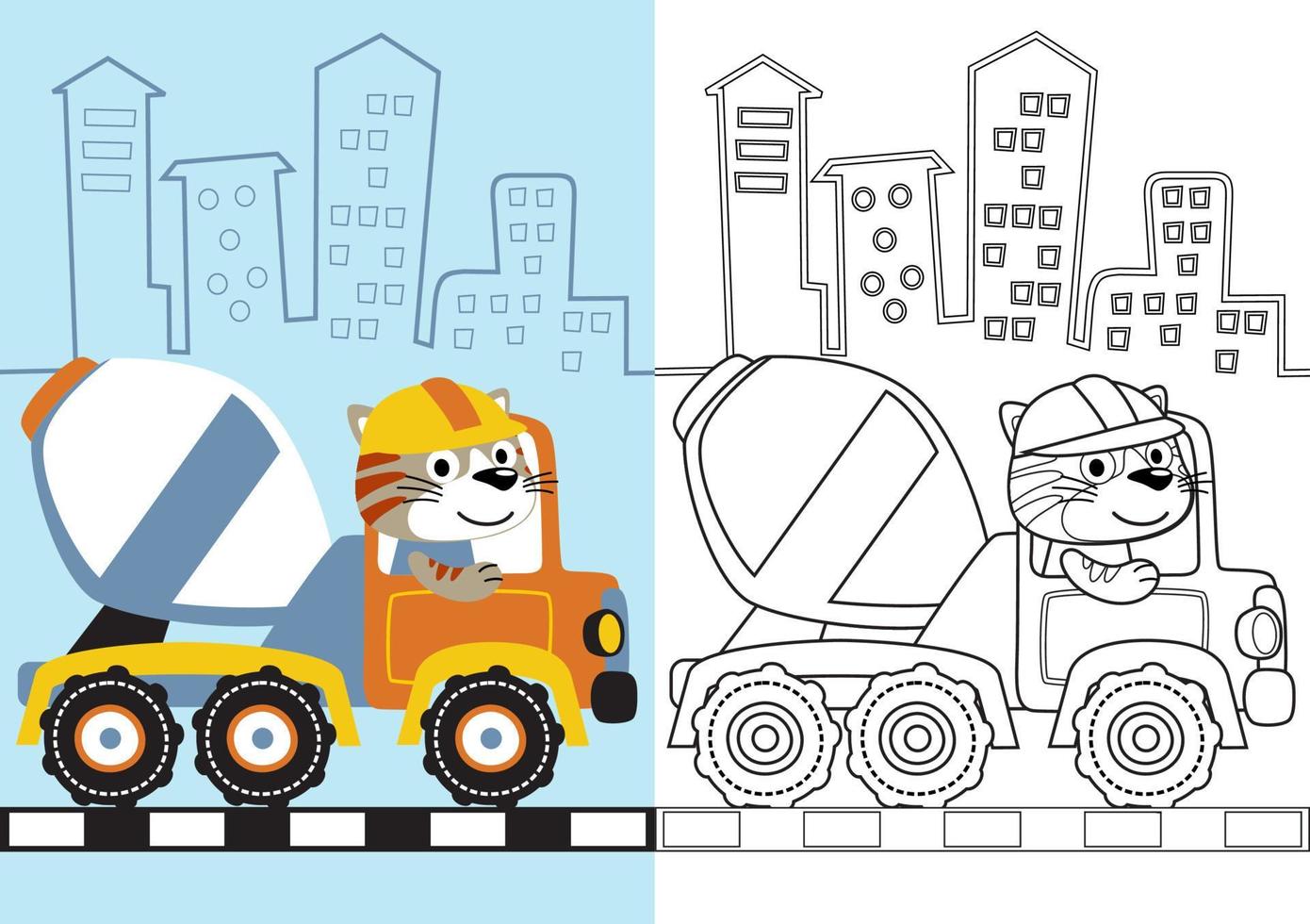 vector cartoon of cute kitten driving mixer truck, coloring page or book