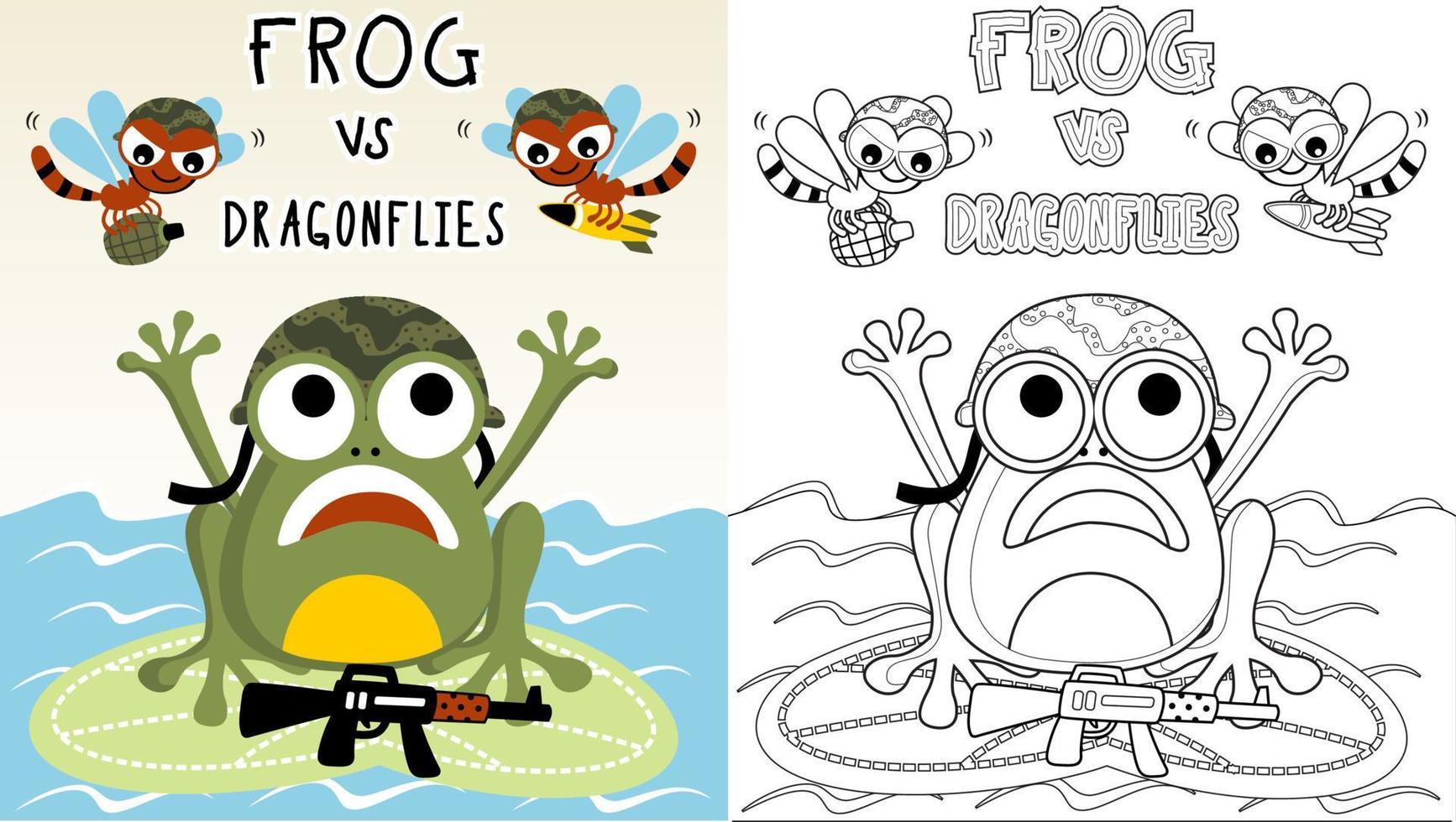 funny war of frog versus dragonflies, vector cartoon illustration, coloring page or book