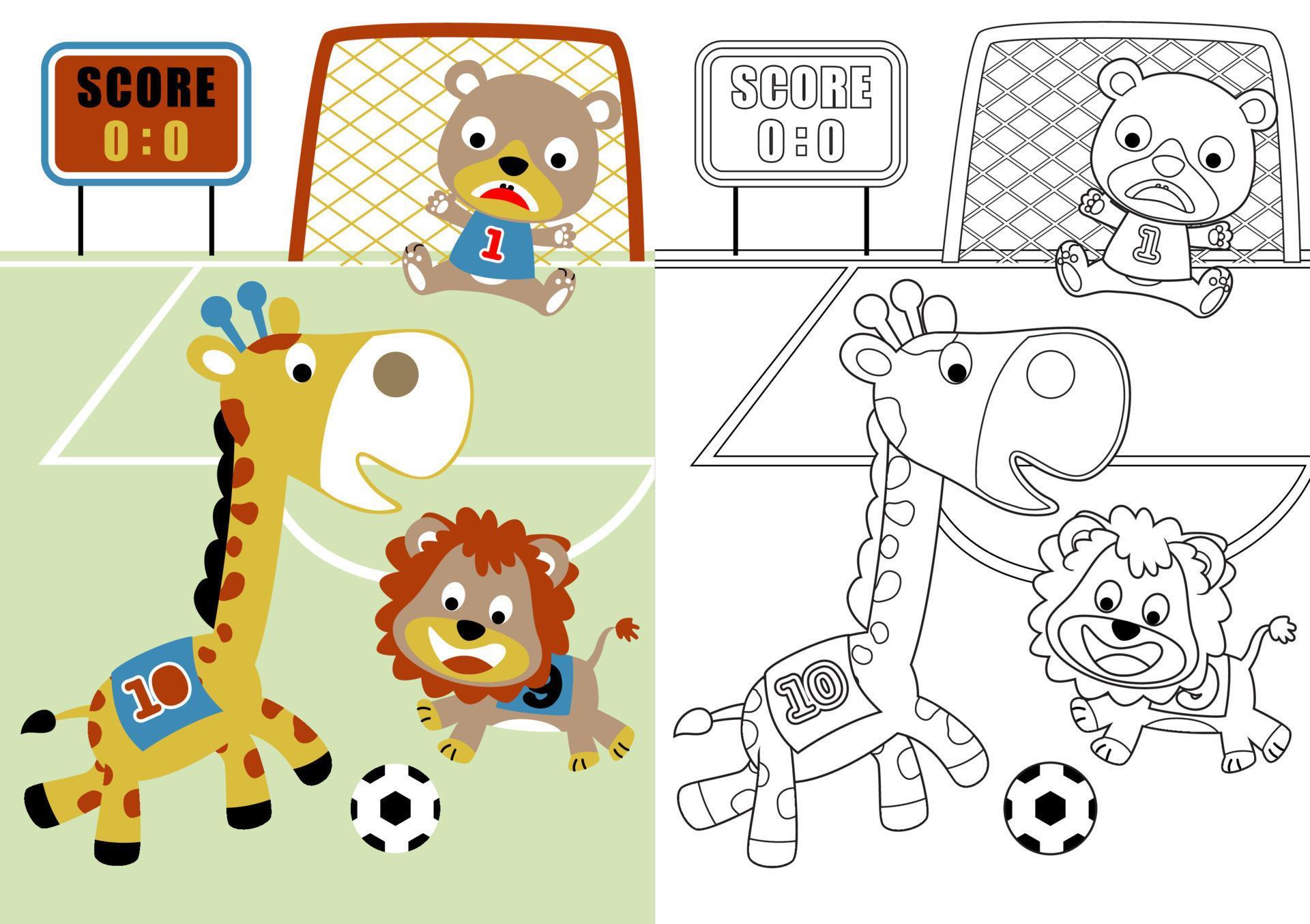 vector cartoon of cute animals playing soccer, coloring page or book