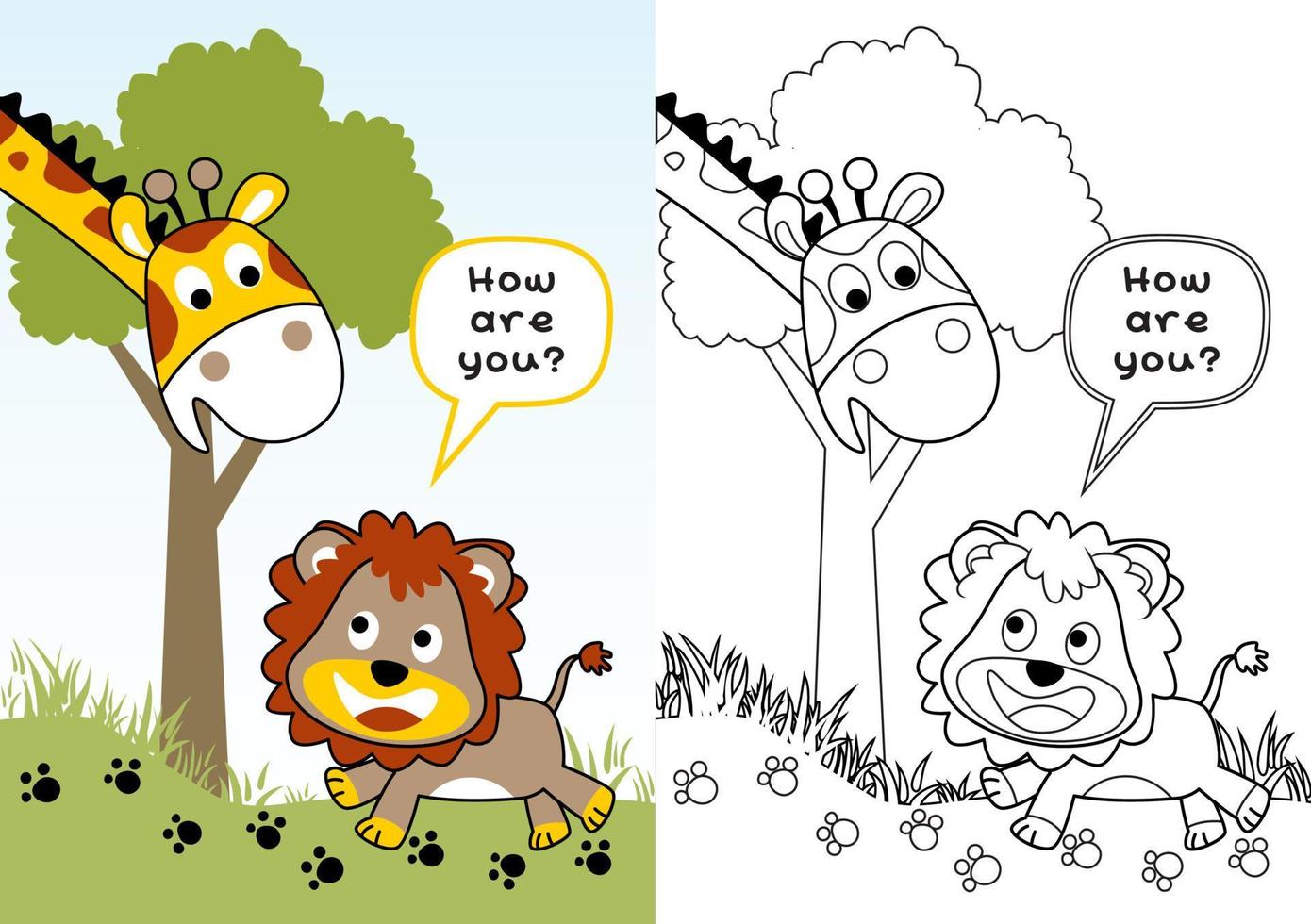 Funny giraffe with lion in forest, vector cartoon illustration, coloring page or book