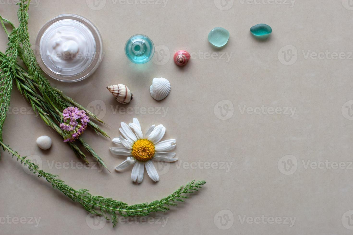 Flat view. Still life for spa. Green spikelets and plants, purple flowers, white with yellow daisy, colorful shells, glass and a jar of white cream. Selective focus. Background brown ceramic tile. photo