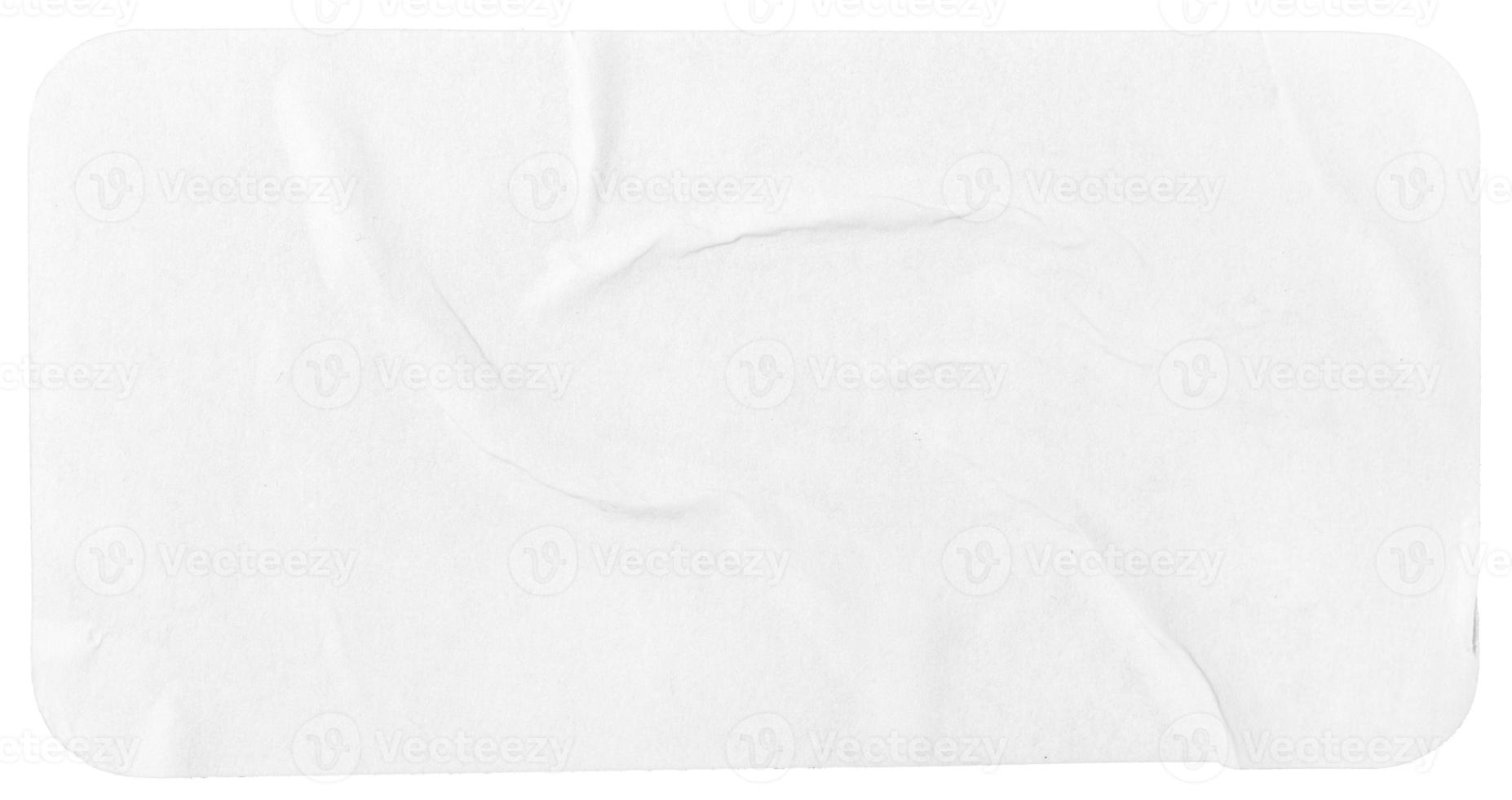 Crumpled paper sheet isolated on white background. Rectangle shape with rounded edges. Template mockup photo