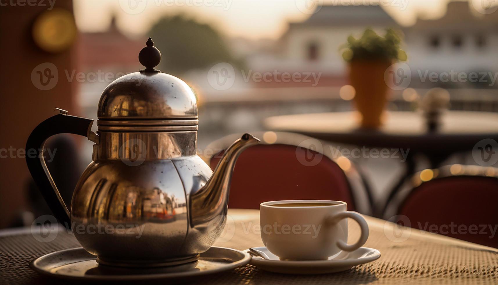 A Relaxing Rooftop Moment, Enjoying a Cup of Freshly Brewed Tea from a Kettle photo