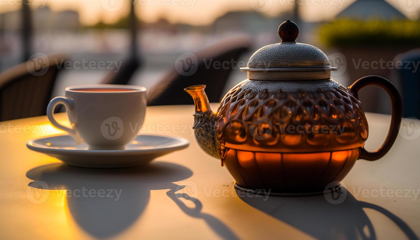 un taza de té y un té tetera en el mesa foto