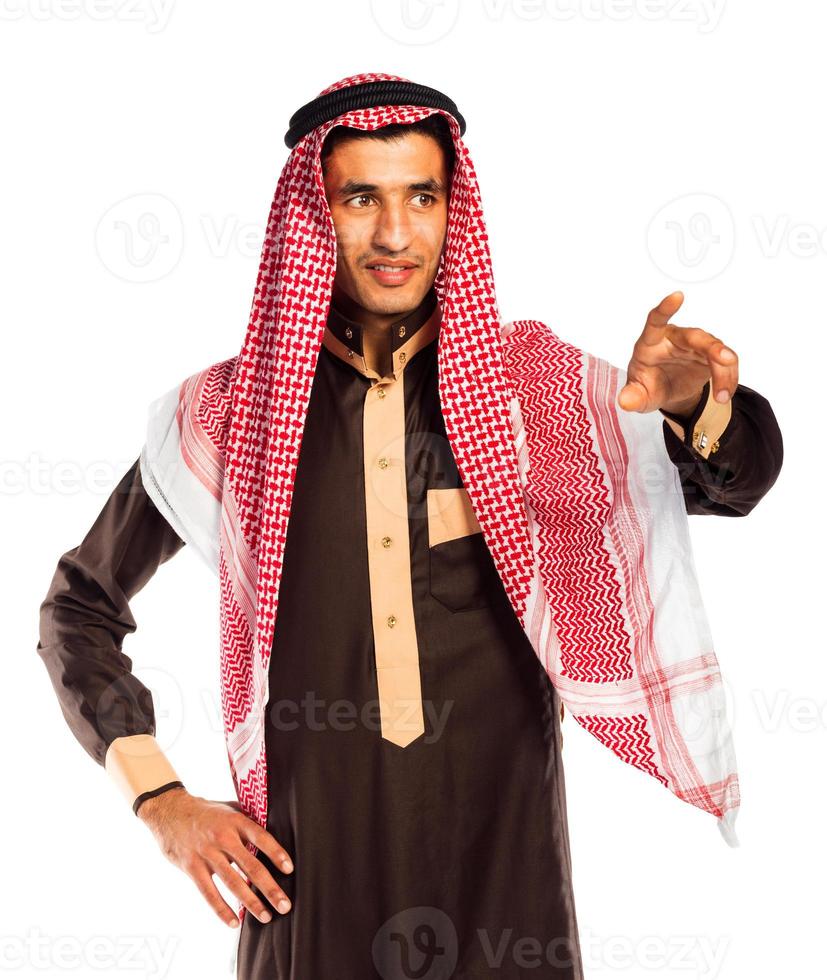 Arab man pressing virtual button on white photo
