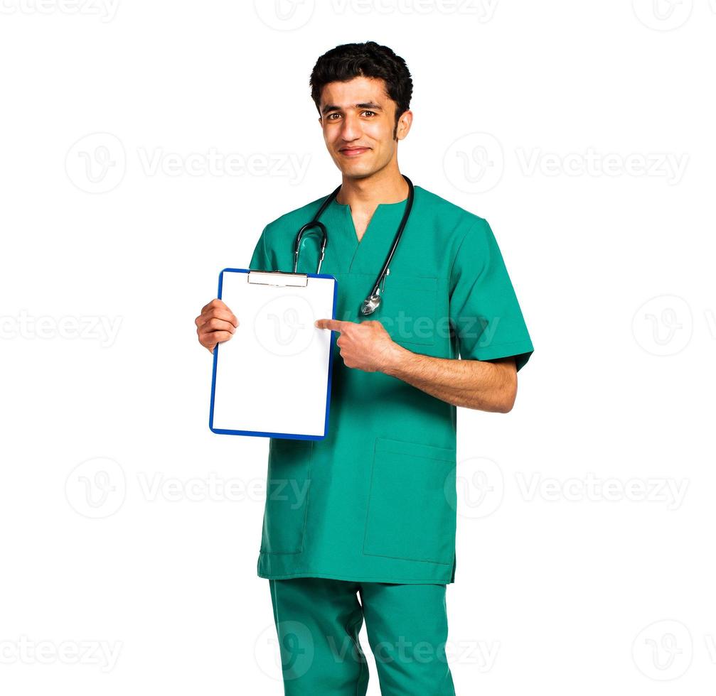 Portrait of doctor Arab nationality with health record on white photo