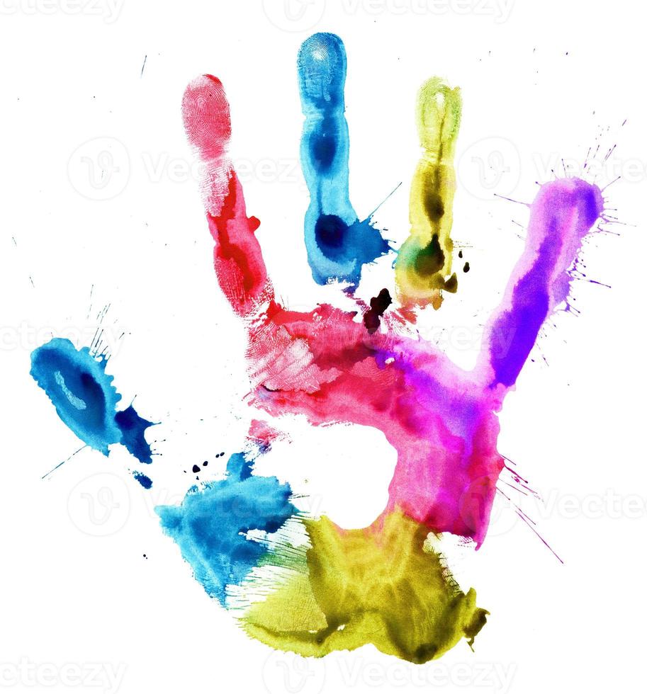 Close up of colored hand print on white photo