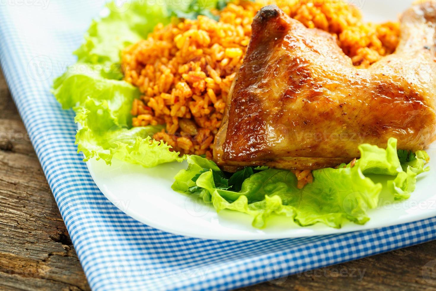 Tasty dish of chicken thigh with rice 21093107 Stock Photo at Vecteezy