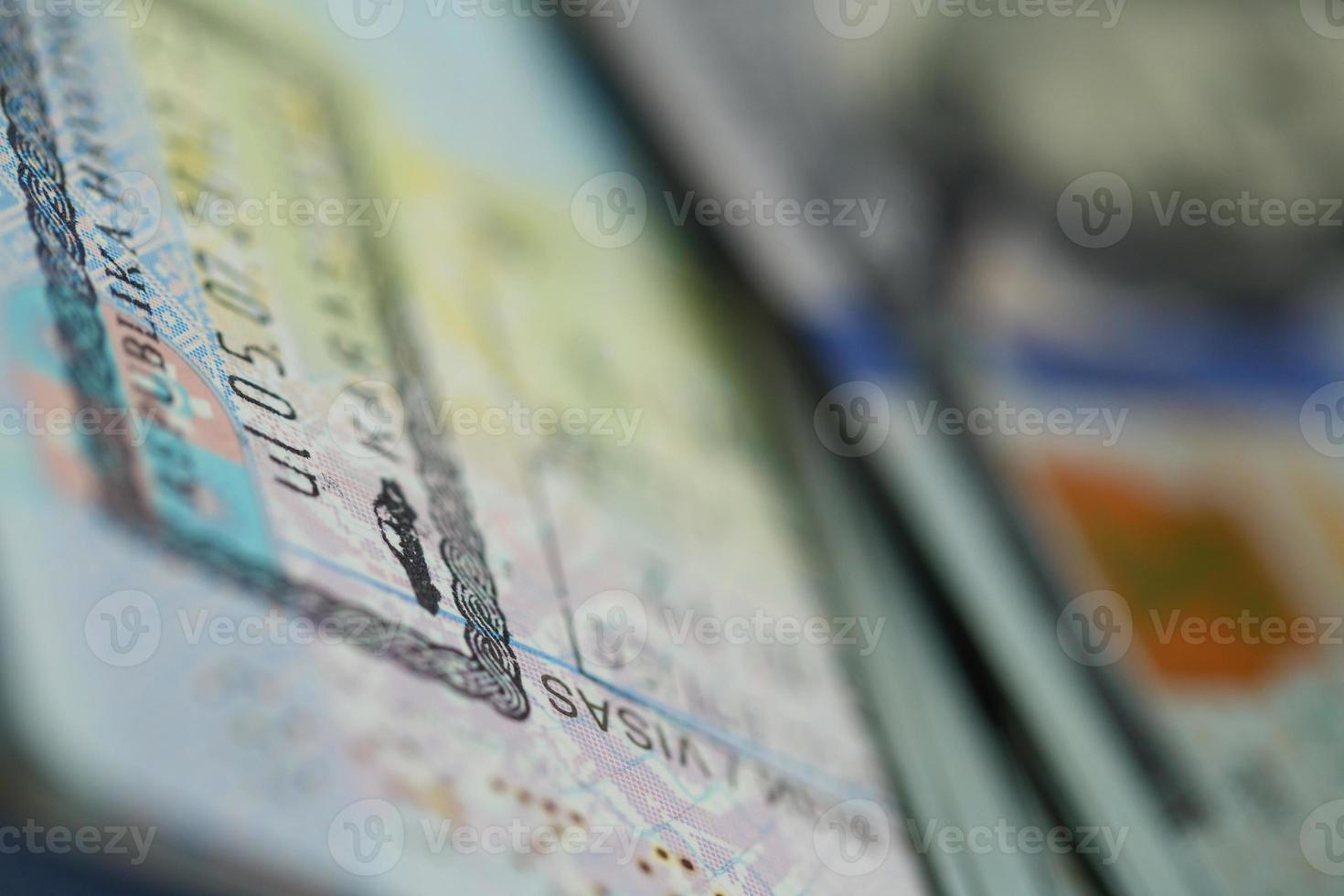 American money is on the top of the opened passport photo