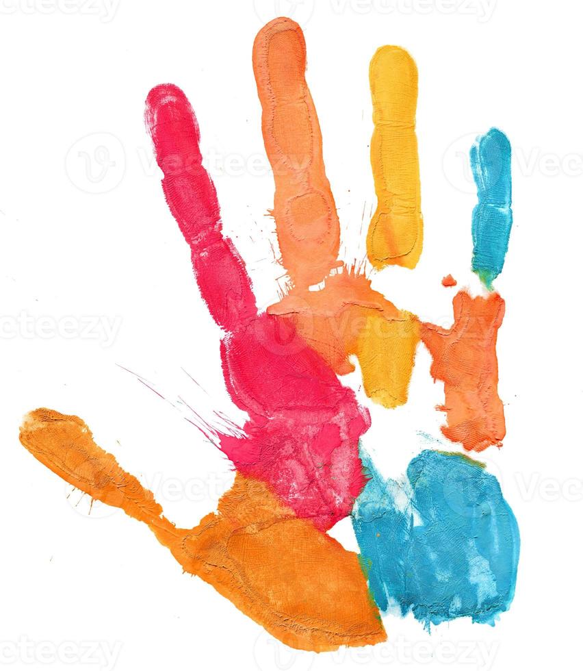 Close up of colored hand print on white photo