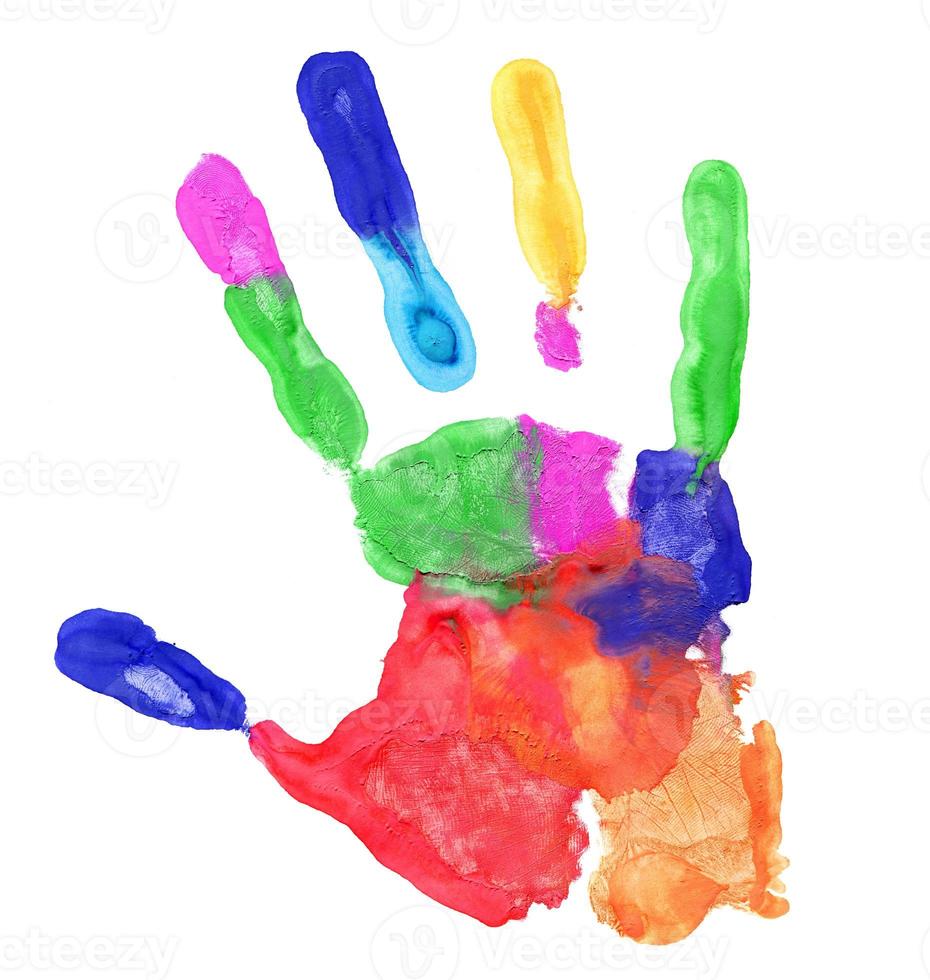 Close up of colored hand print on white photo