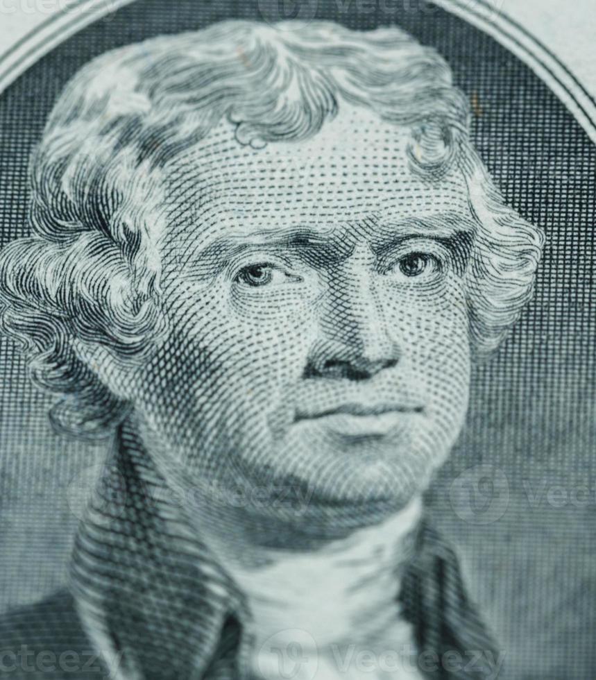 President Thomas Jefferson face on us two dollar bill closeup macro photo