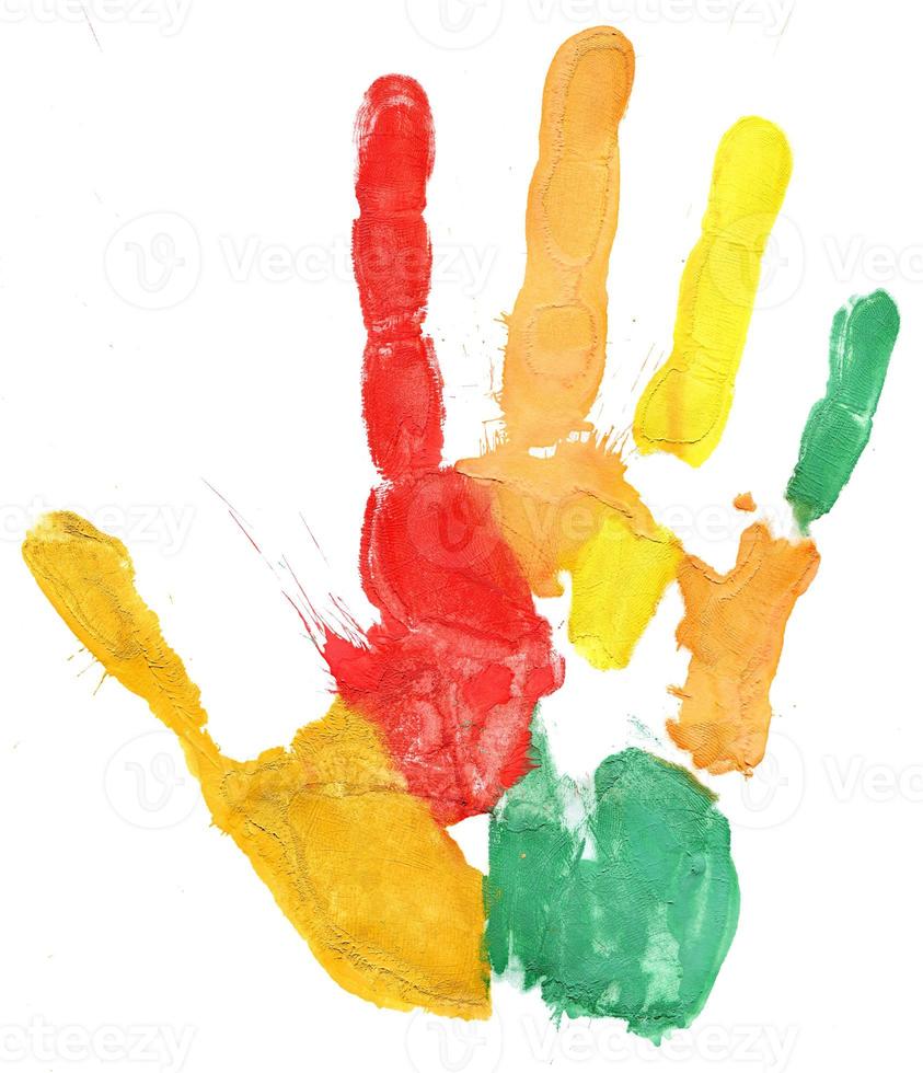 Close up of colored hand print on white photo