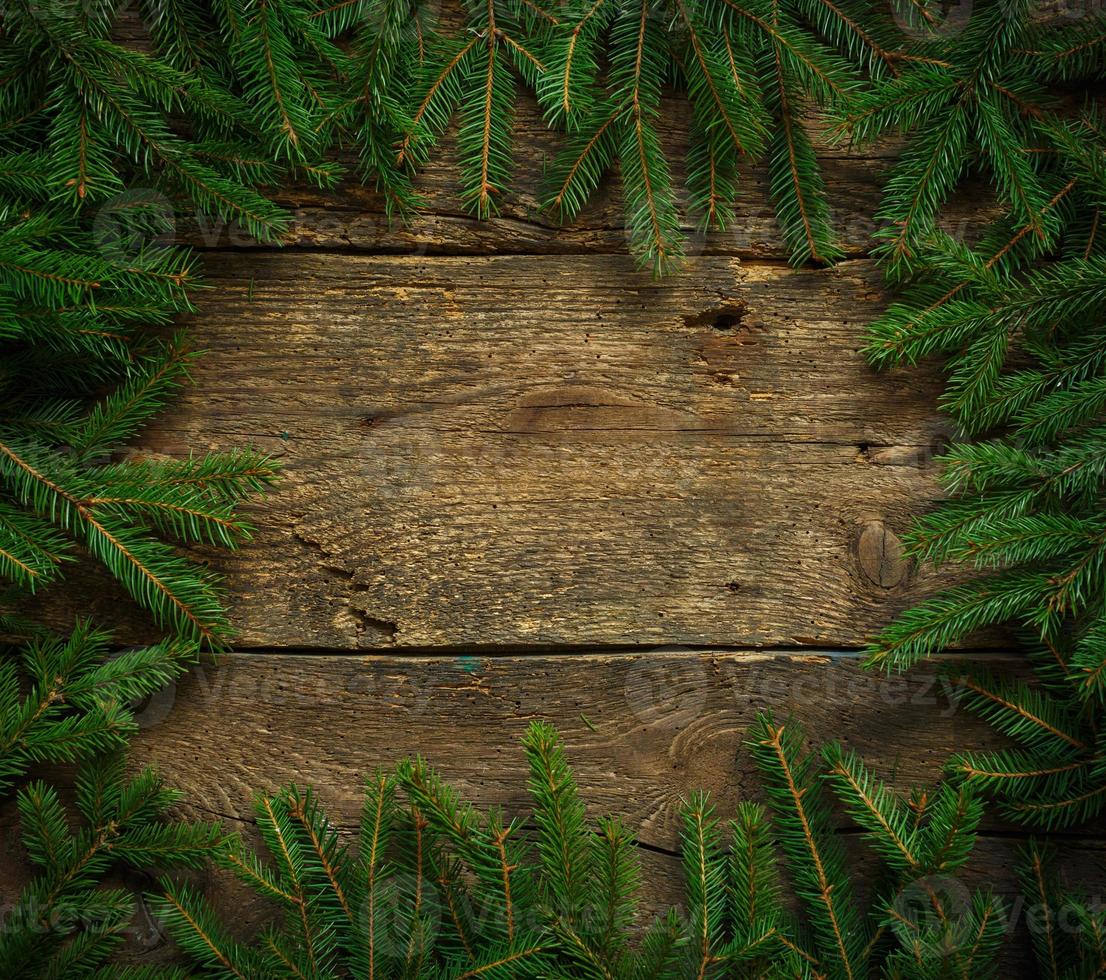 Christmas tree branches on wooden texture ready for your design photo