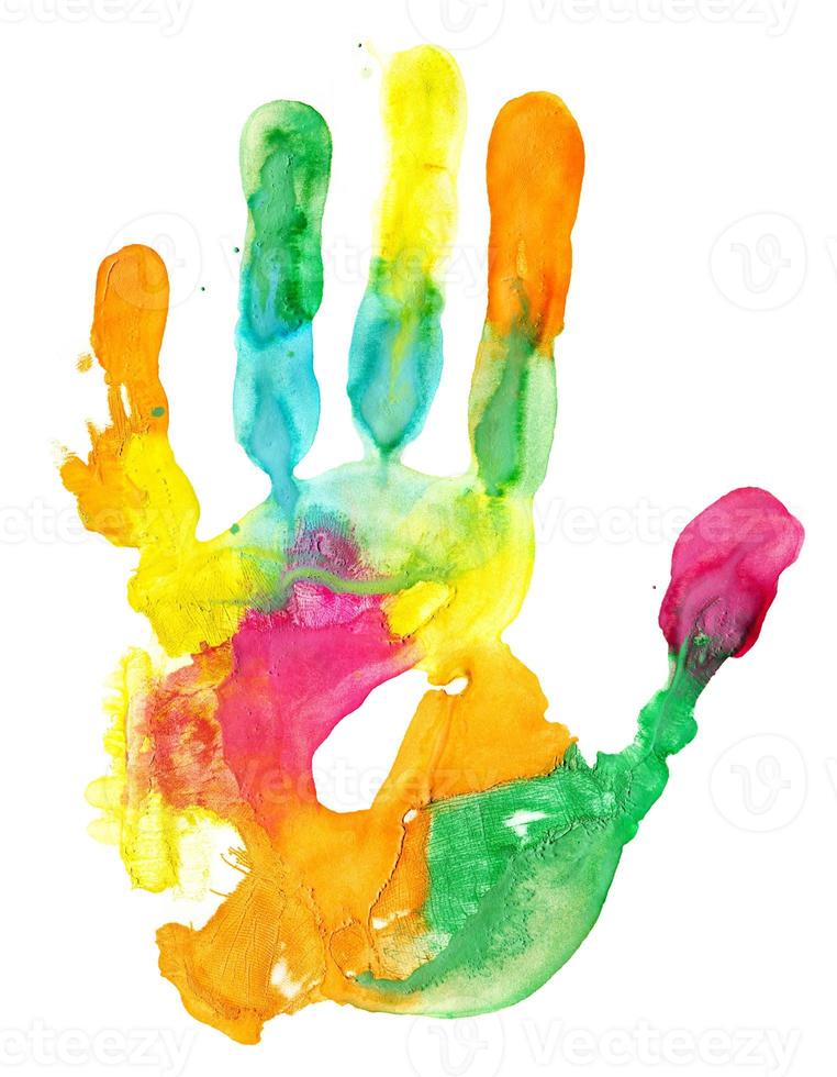 Colorful hand print on white background photo