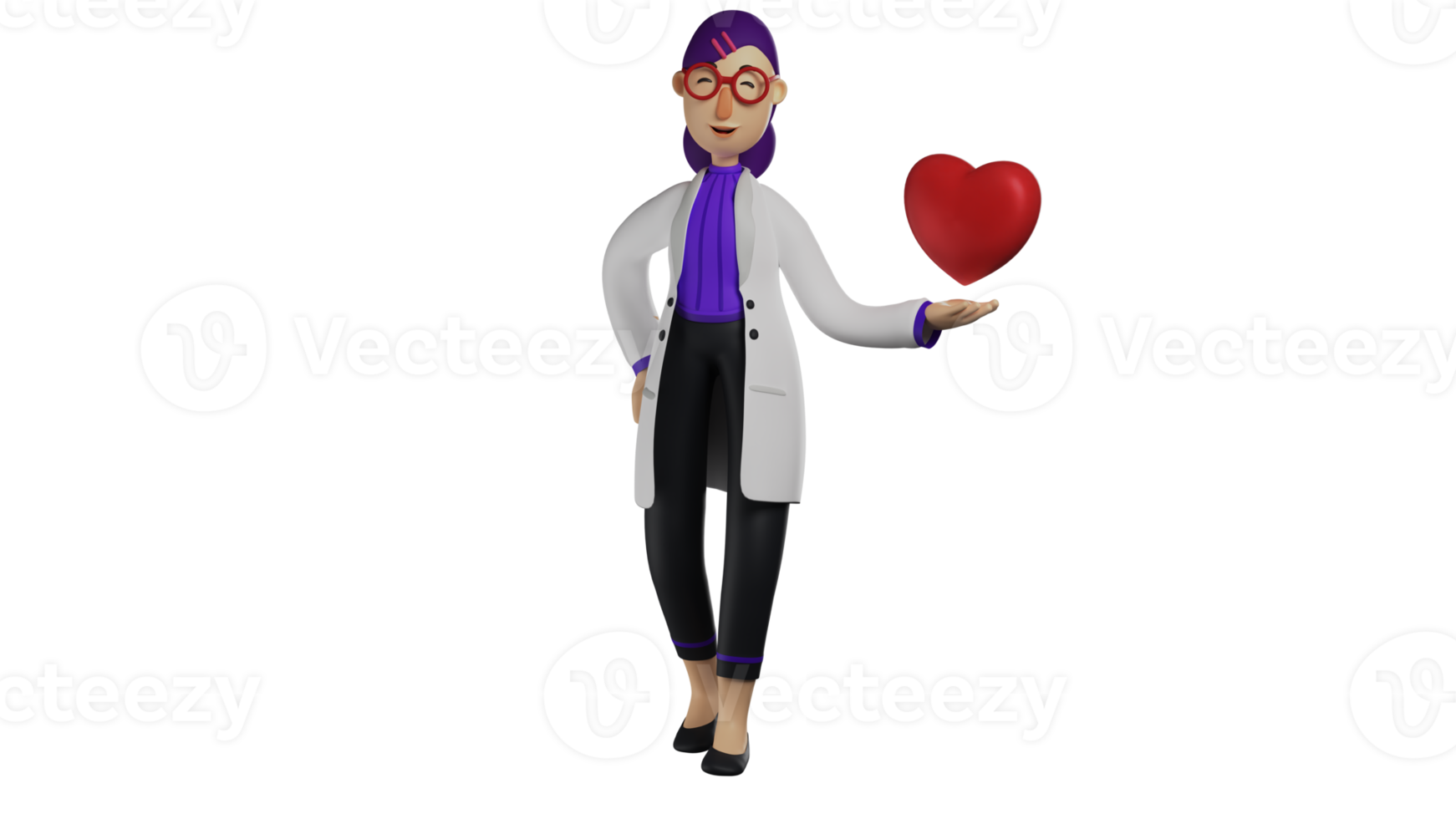 3D illustration. Friendly Doctor 3D Cartoon Character. The doctor smiled sweetly at everyone. Beautiful doctor celebrating valentine. Romantic doctor holding red love. 3D Cartoon Character png