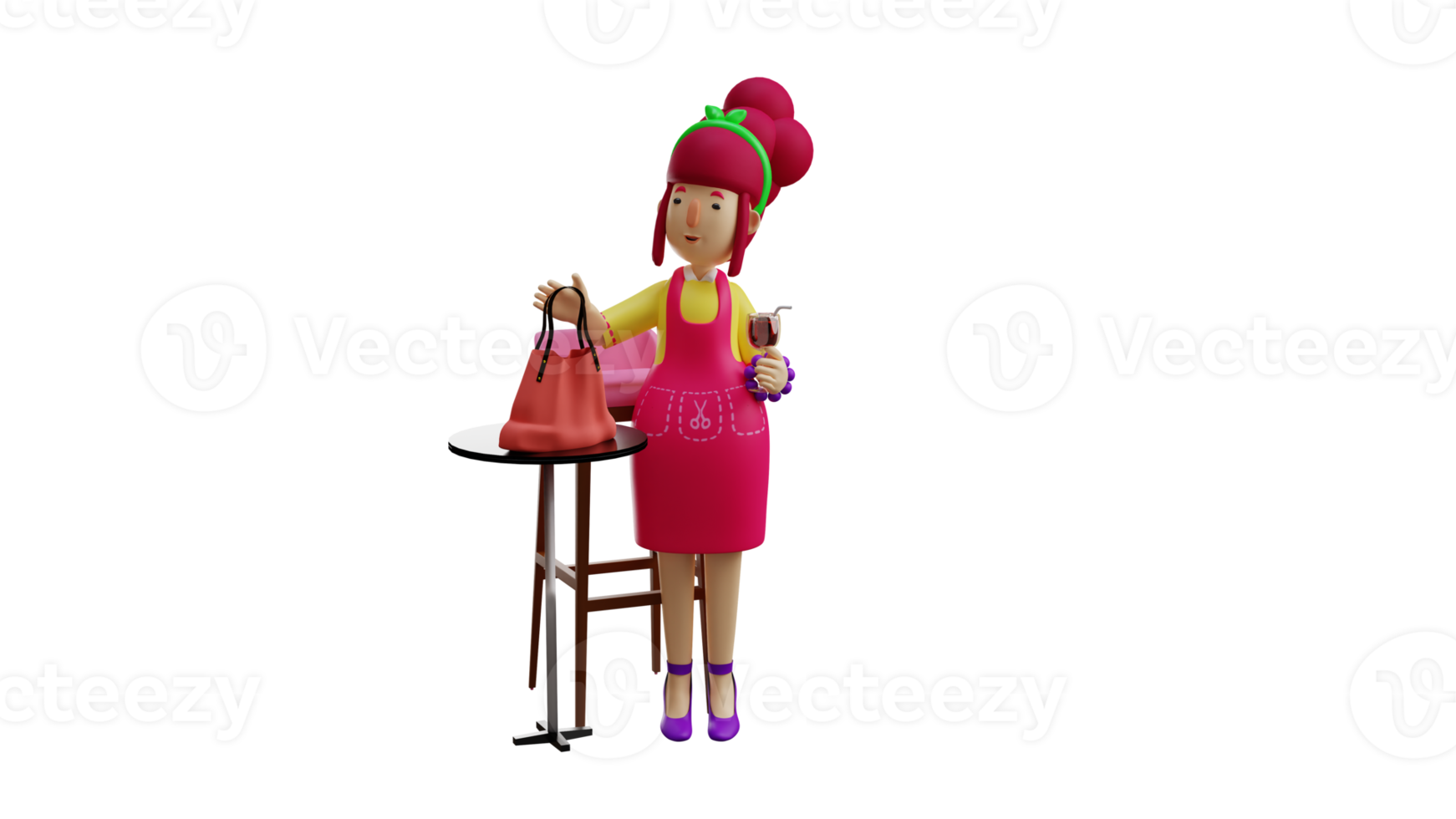 3D illustration. Modern mother 3D cartoon character. Mother carrying a bag and holding a glass of juice. Beautiful waitress standing near the tables and chairs in the restaurant. 3D cartoon character png