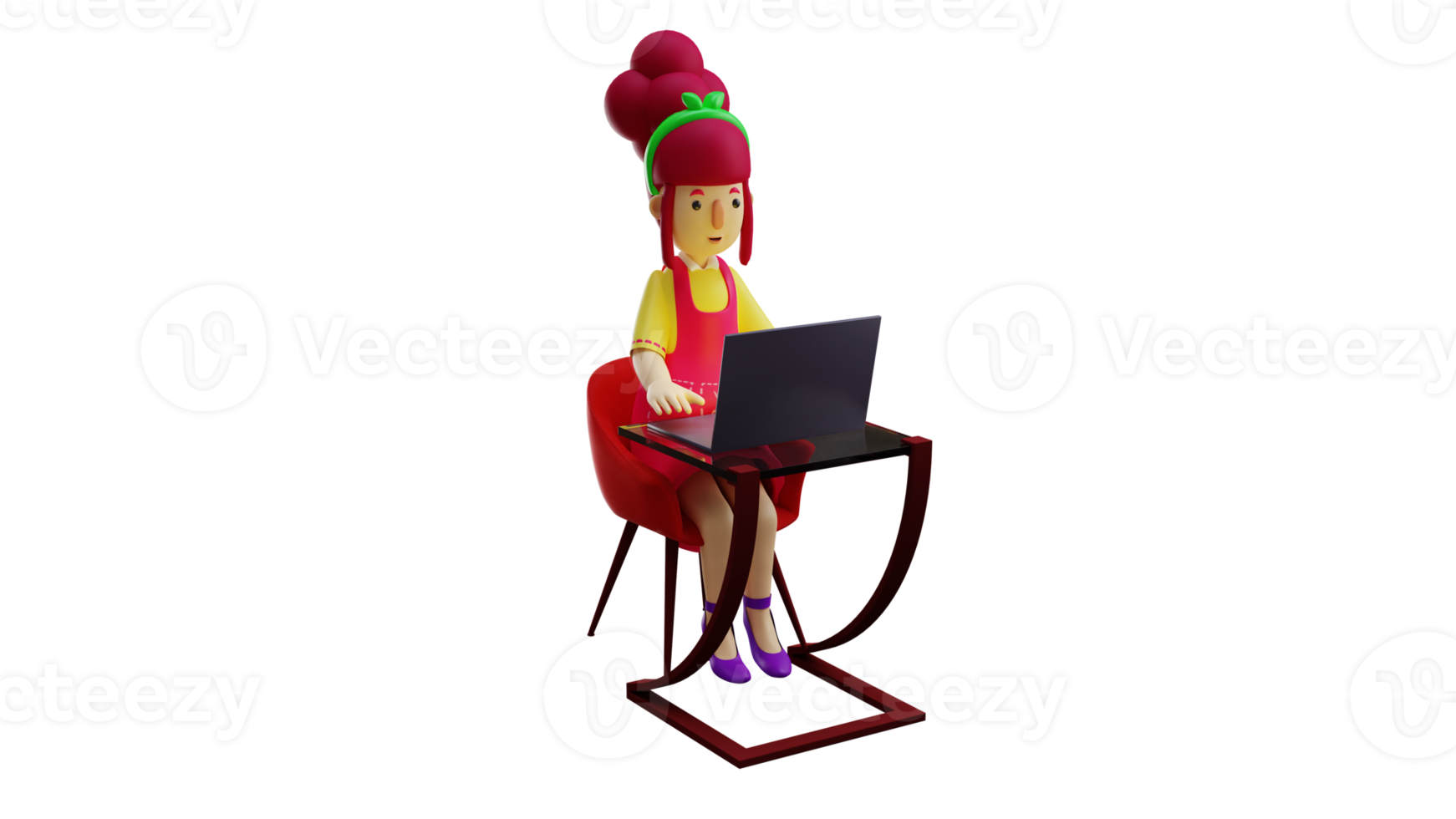 3D illustration. Mother 3D cartoon character. Young mother doing her homework using a laptop. The pretty waitress was working on a report while sitting. The maids work all night. 3D cartoon character png