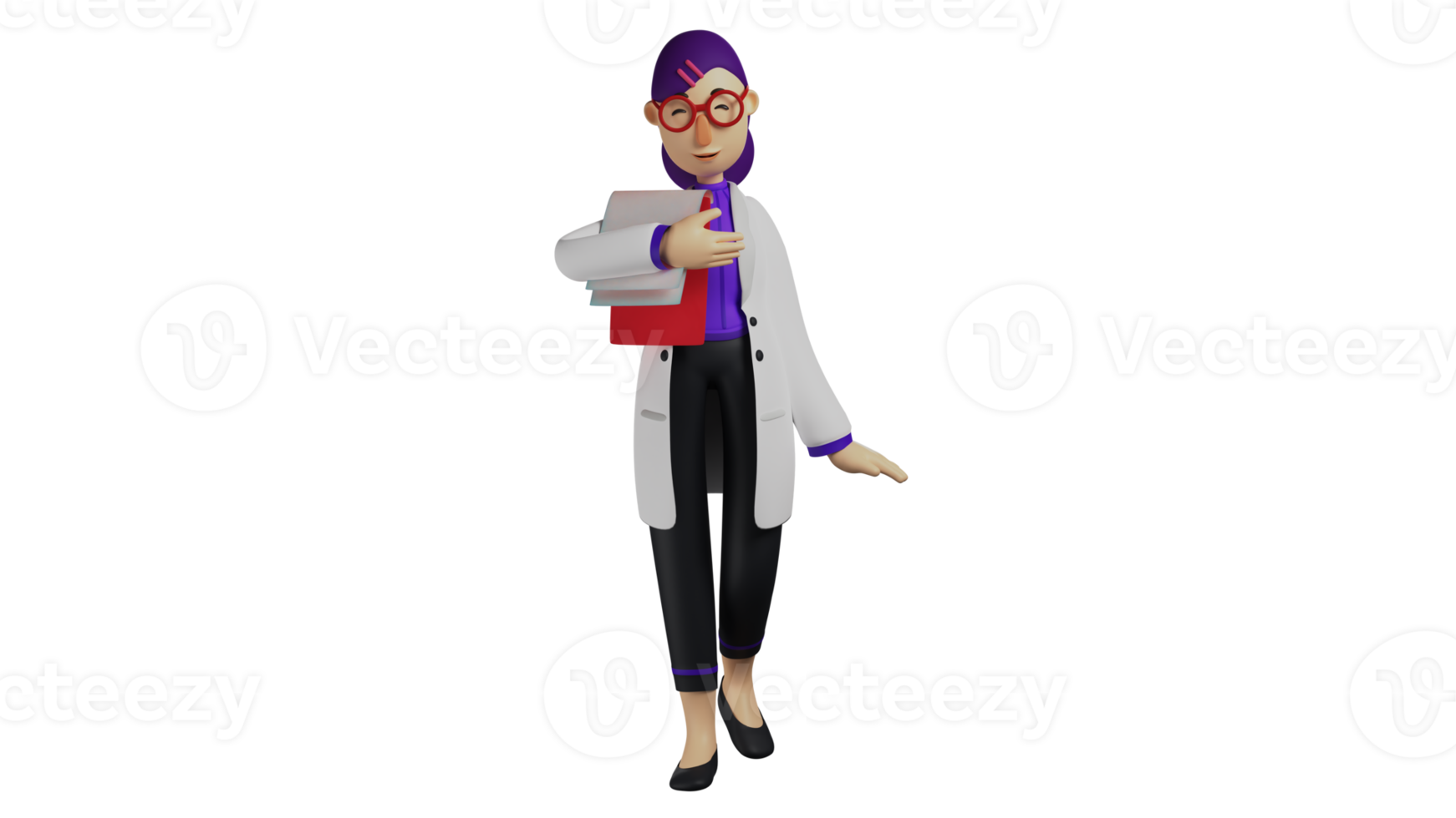 3D illustration. Female Doctor 3D Cartoon Character. The doctor visits his patient. Doctor brings his notebook. The beautiful doctor wears a white coat and her hair is rolled up. 3D Cartoon Character png