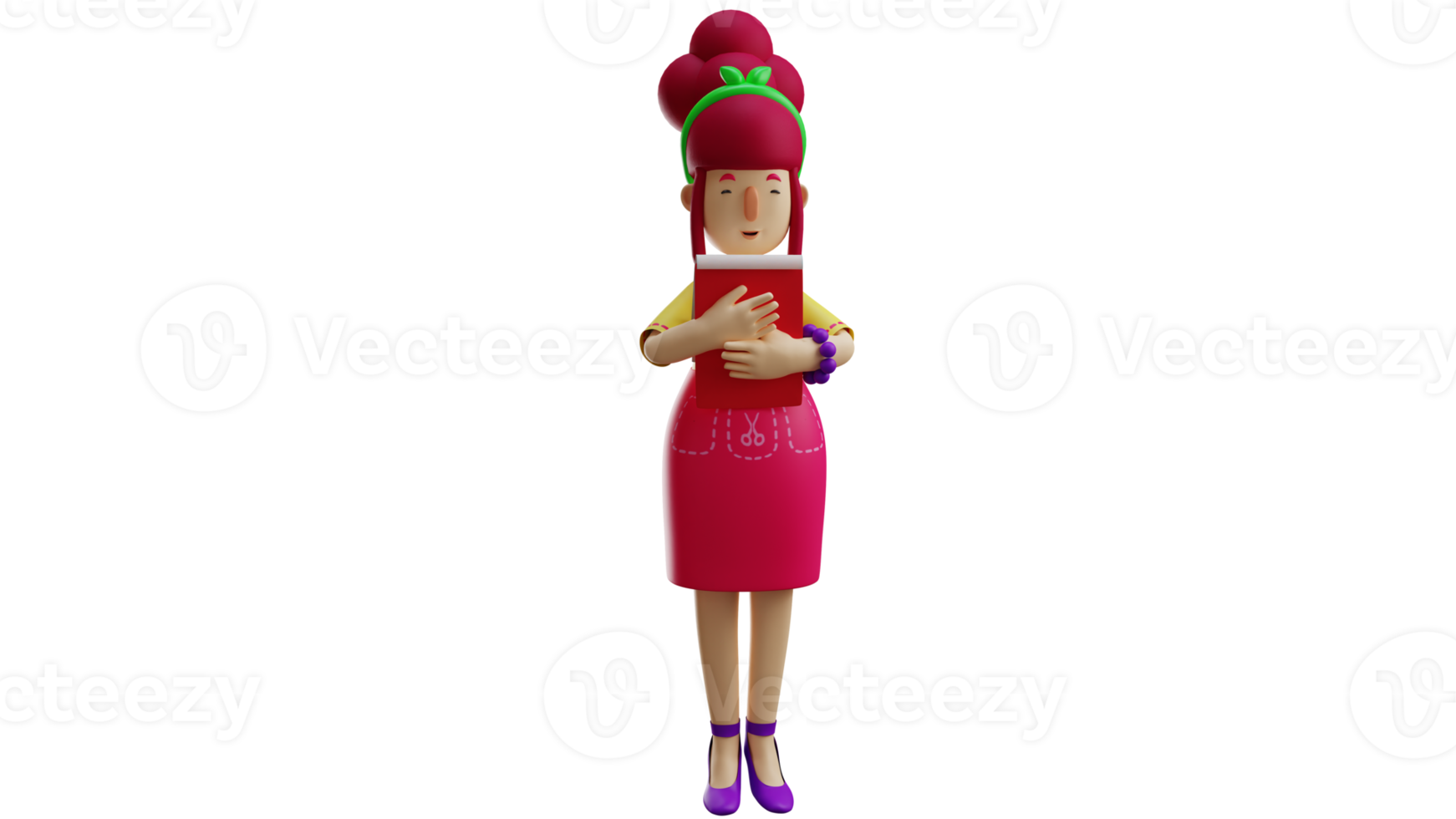3D illustration. Waiter 3D cartoon character. Waitress wears a pink apron and takes a note. Beautiful waitress handing menu book to customer. Friendly waitress with a sweet smile. 3D cartoon character png