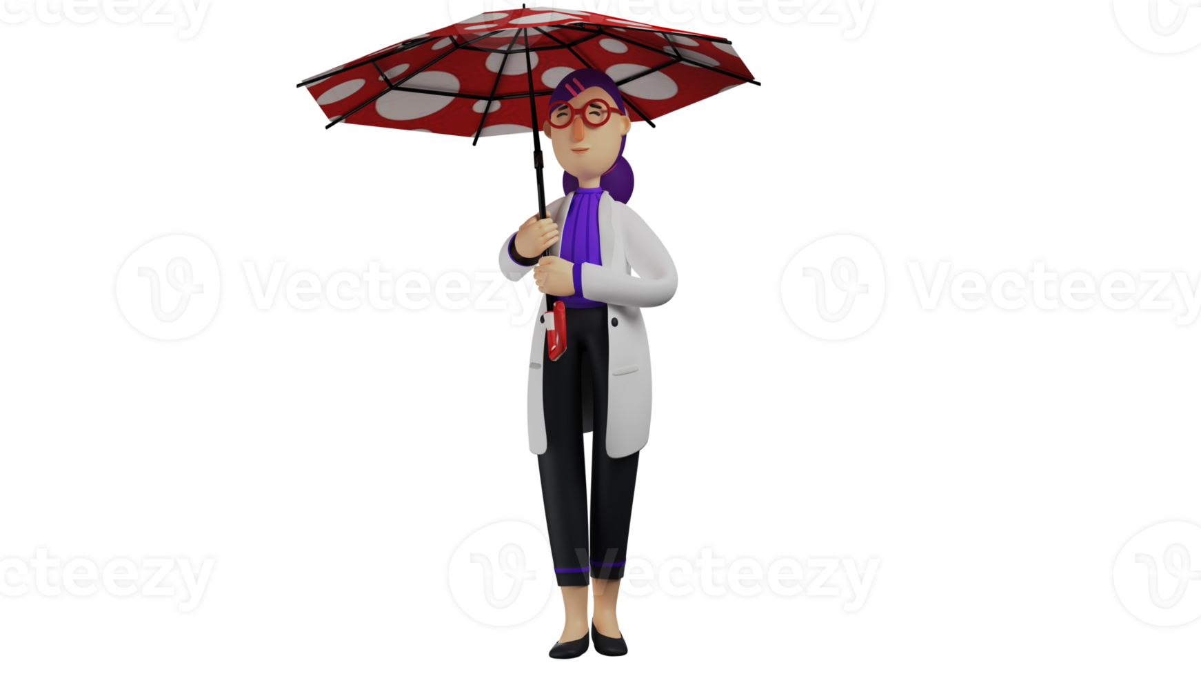 3D illustration. Cute Doctor 3D Cartoon Character. Beautiful doctor walks by carrying a red umbrella with polka dots. Doctor is on his way to the hospital. 3D Cartoon Character png