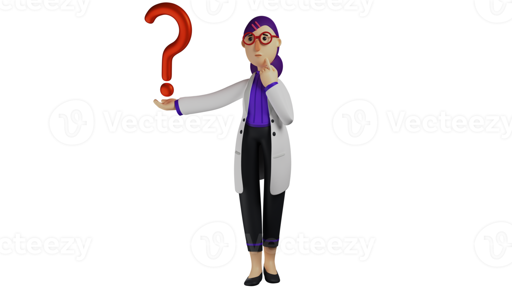 3D illustration. Young Doctor 3D Cartoon Character. Doctor wears a white coat. Beautiful doctor with a big question mark symbol next to her hand. Female doctor looks confused. 3D Cartoon Character png