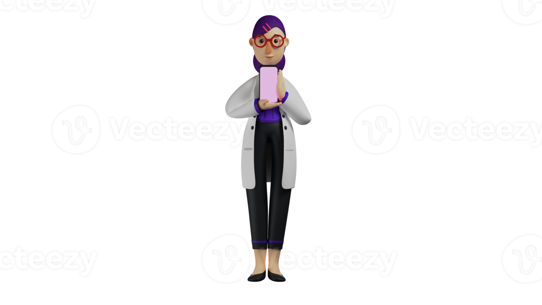 3D illustration. Young Doctor 3D Cartoon Character. The female doctor was standing with a sweet smile. Beautiful doctor showing her cellphone display. 3D Cartoon Character png