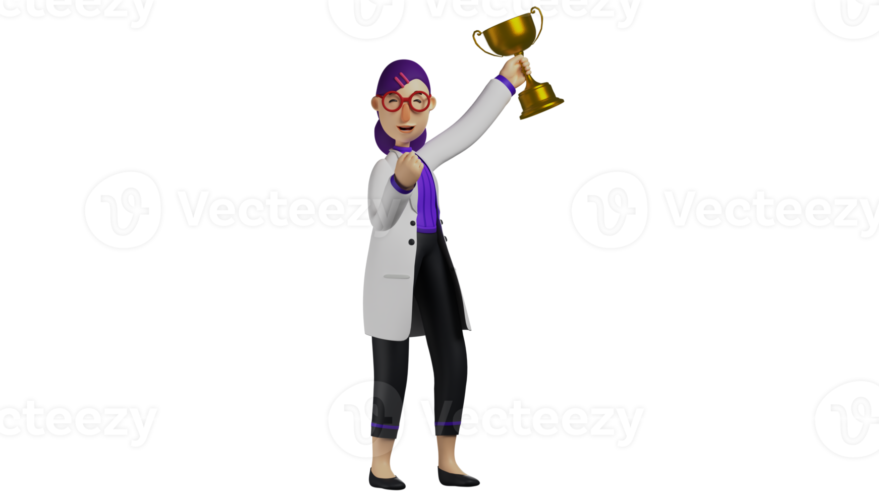 3D Illustration. Authorized Doctor 3D cartoon character. Smart doctor managed to get an award. Cheerful doctor lifted the golden trophy. Doctor clenched his fists happily. 3D cartoon character png