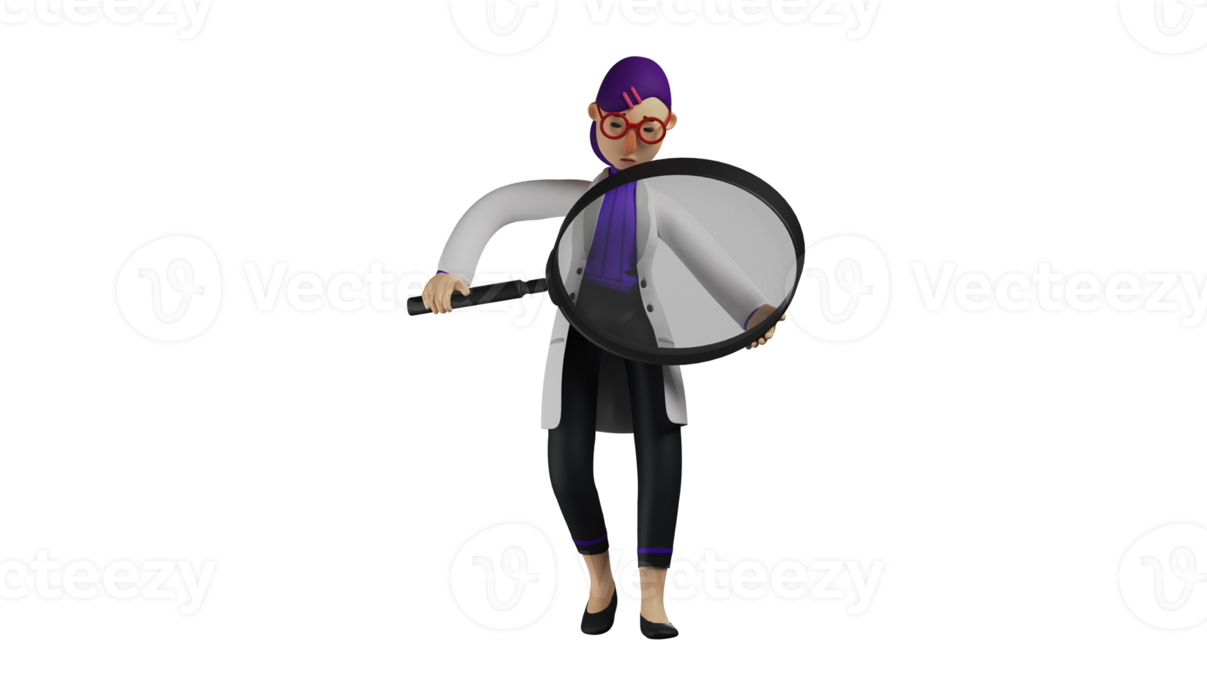 3D Illustration. Doctor 3D cartoon character. Doctor is checking something. Young doctor is examining something using a magnifying glass. Beautiful doctor with a sad expression. 3D cartoon characters png