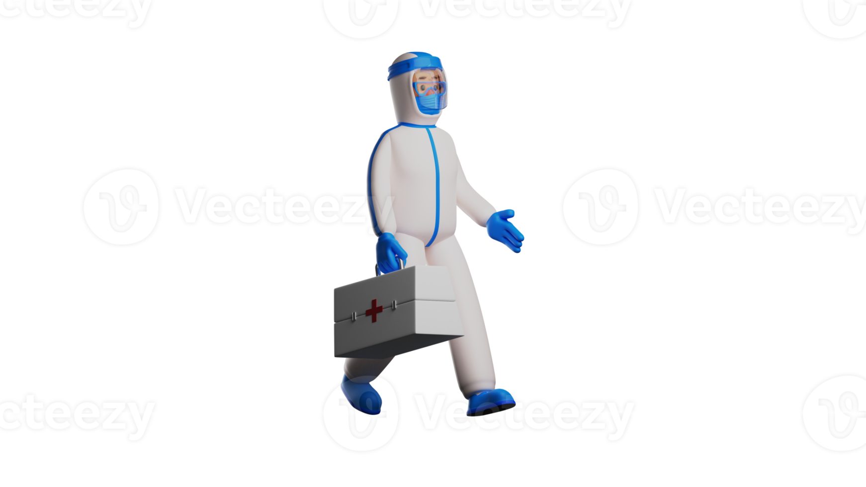 3D illustration. Tough Paramedic 3D Cartoon Character. Paramedic use hazmat and carry complete medical equipment. Paramedic in walking pose. Paramedic head to hospital. 3D cartoon character png