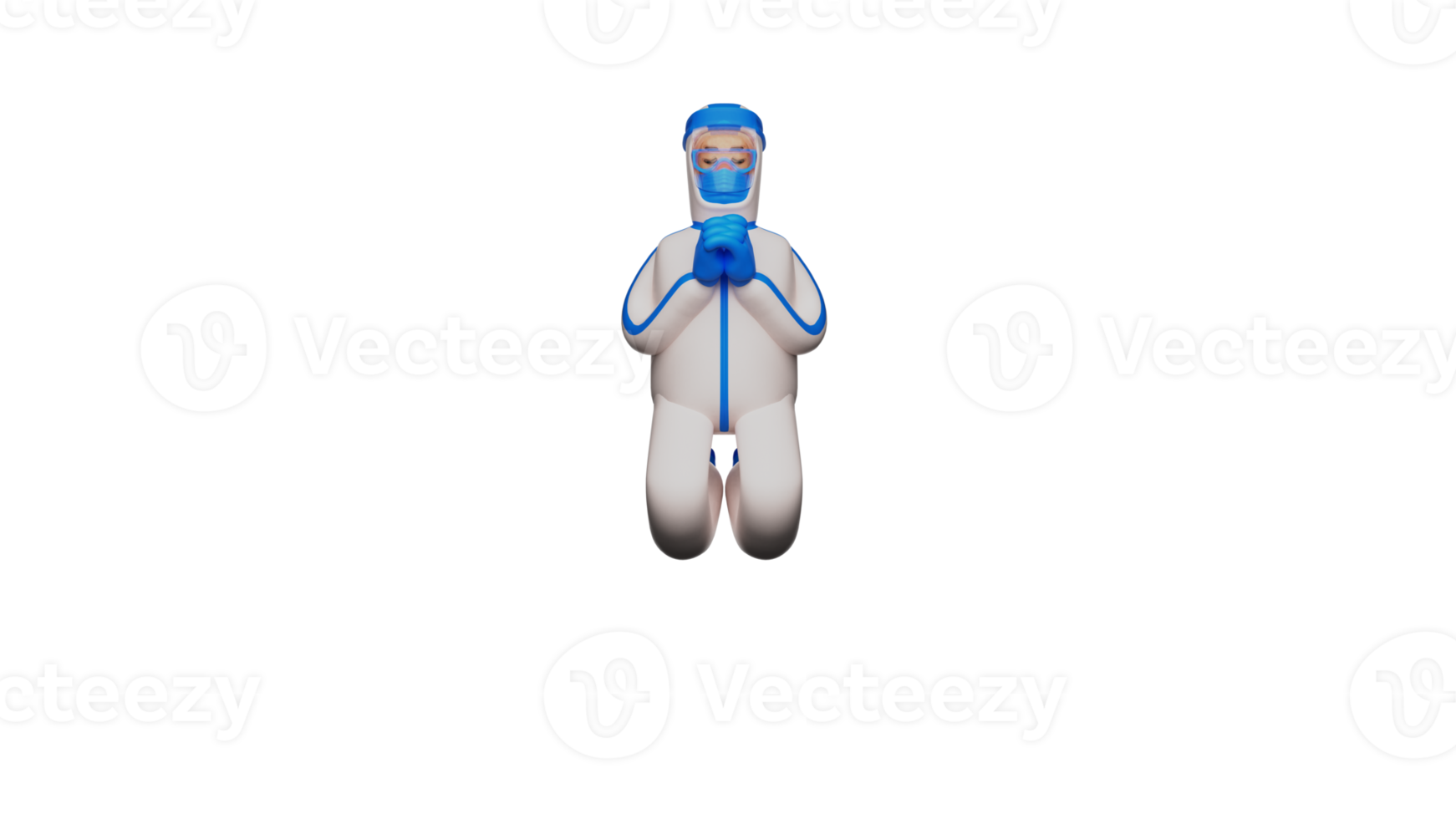 3D illustration. Obedient Paramedic 3D Cartoon Character. Paramedic in kneeling and praying position. The paramedic will start his work and hope all goes well. 3D cartoon character png