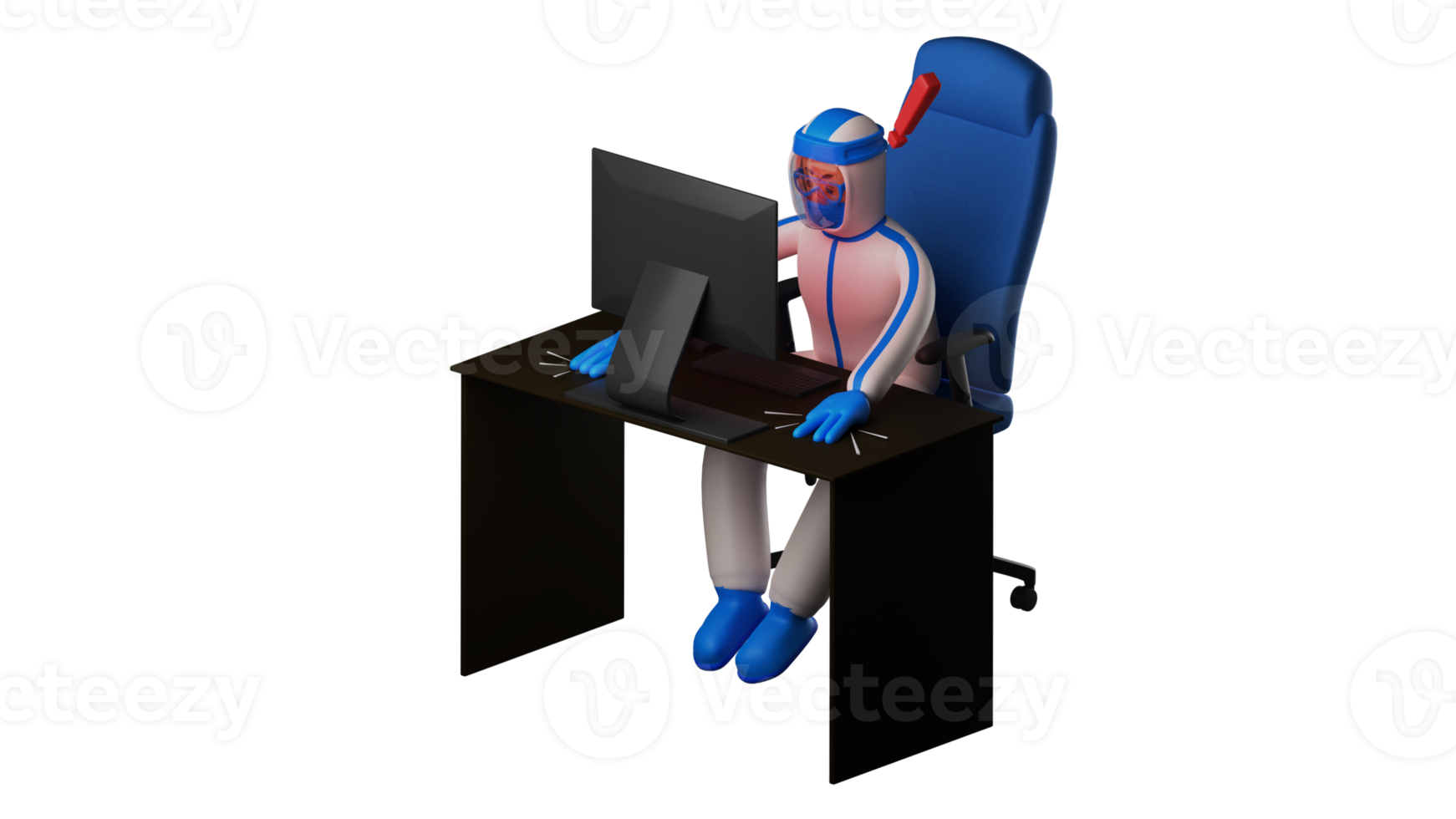3D illustration. Charismatic Paramedic 3D Cartoon Character. The paramedic was sitting in his work chair. The paramedic was studying something on his computer with a serious face. 3D cartoon character png