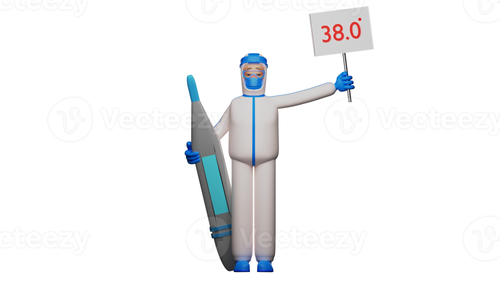 3D illustration. Sad Paramedic 3D Cartoon Character. Paramedic stood up and carried a thermometer and a sign that said 38 degrees celsius. Paramedic with a sad face. 3D cartoon character png