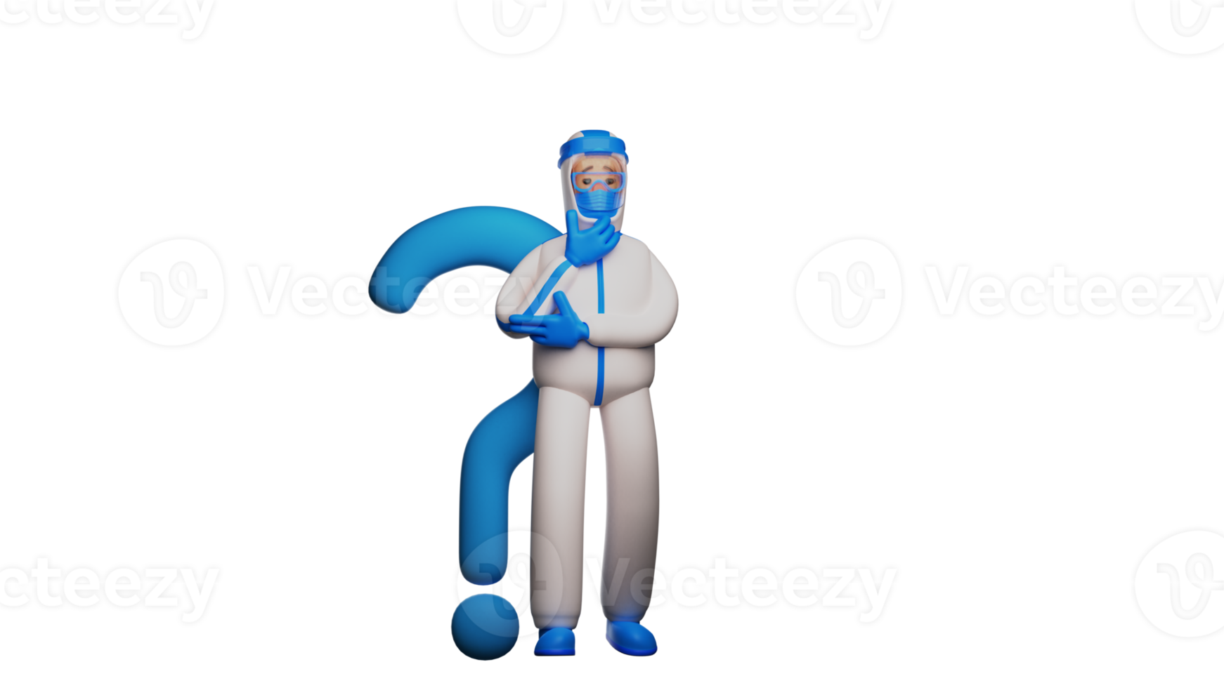 3D illustration. Male Paramedic 3D Cartoon Character. Paramedic stands with his chin propped up. Paramedic with a confused expression and big blue question mark symbol. 3d cartoon character png