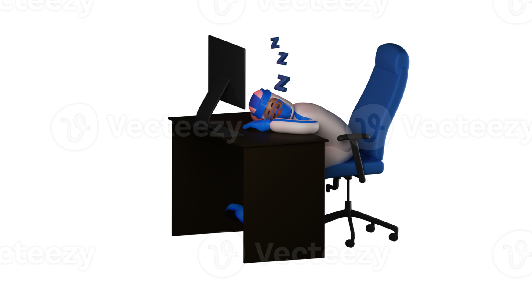 3D illustration. Sleepy Paramedic 3D Cartoon Character. The paramedic was exhausted and fell asleep at his desk. Paramedic fall asleep in front of a computer that is on. 3D cartoon character png