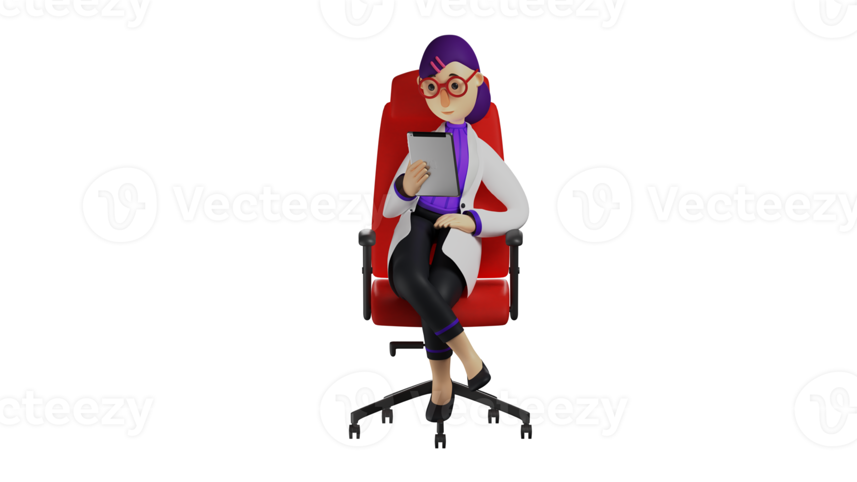 3D illustration. Beautiful Doctor 3D Cartoon Character. Female doctor studying something on her tablet. The beautiful doctor is checking the report while sitting on the red chair. 3D Cartoon Character png