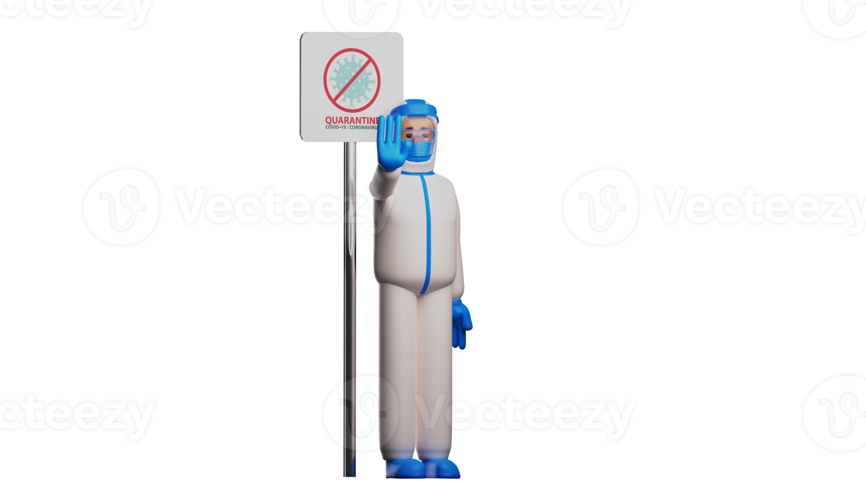 3D illustration. Diligent Paramedic 3D Cartoon Character. Paramedic standing next to quarantine warning sign. The paramedic stands and holds out his hand as a stop sign. 3d cartoon character png