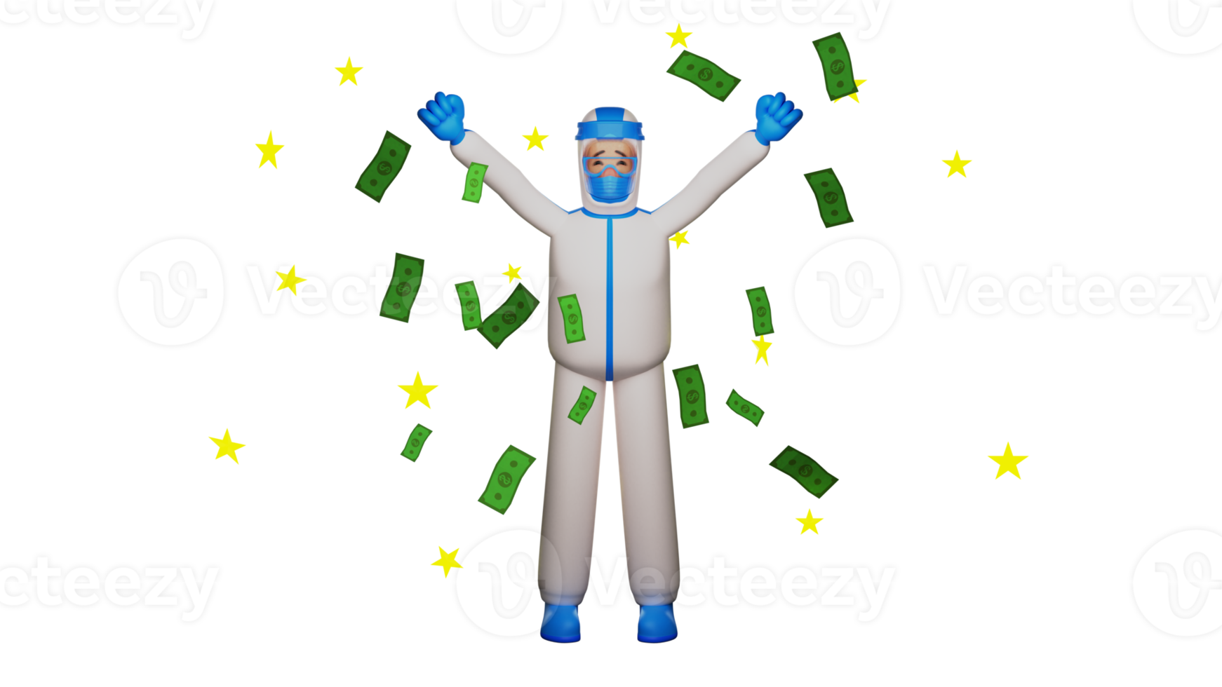 3D illustration. Successful Paramedic 3D Cartoon Character. The paramedic spread his arms and smiled happily. The paramedic is surrounded by money and stars. 3d cartoon character png