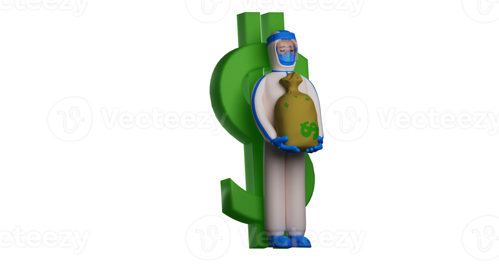 3D illustration. Sad Paramedic 3D Cartoon Character. Paramedic leans on the dollar sign and closes his eyes. Paramedics carry sacks of compensation money belonging to patients. 3d cartoon character png