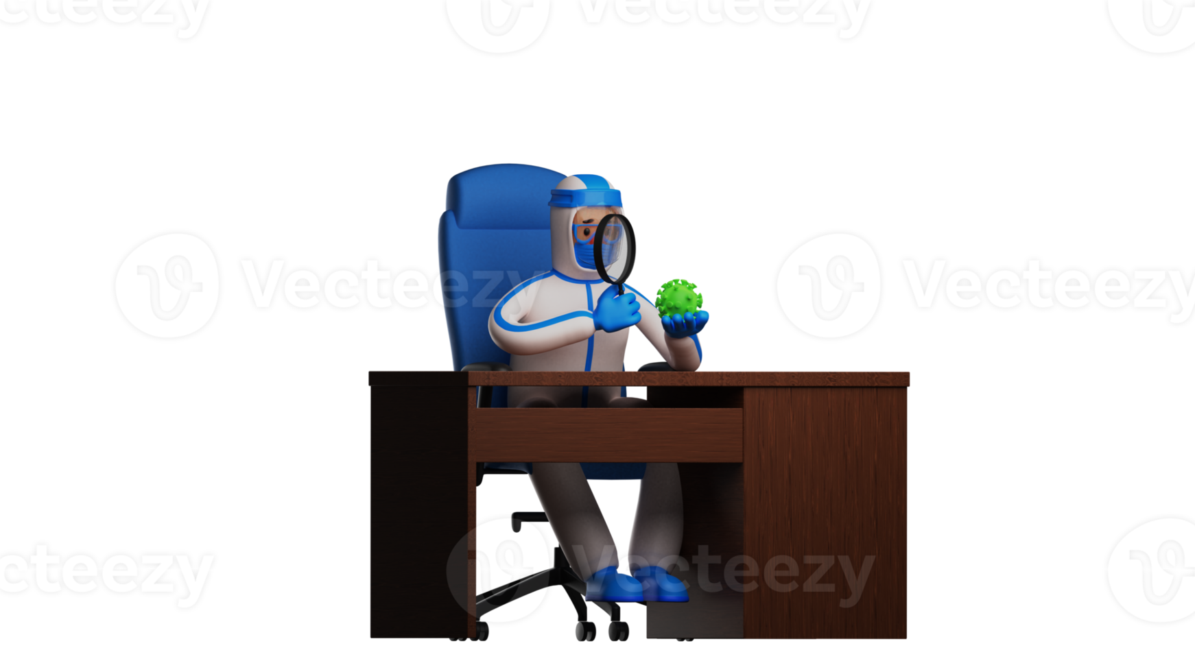 3D illustration. Meticulous Paramedic 3D Cartoon Character. Paramedic is in his office. Paramedic is examining a virus using a magnifying glass. The doctor looks very serious. 3d cartoon character png