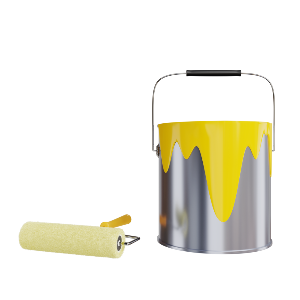 3d illustration. Yellow paint bucket and roller Paintbrush Tool Industry Decorate Repair Home Art painter concept Cut path isolated png